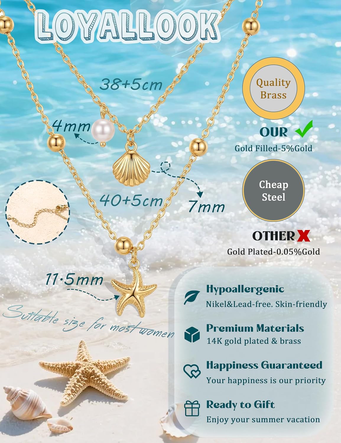 LOYALLOOK Collar de estrella de mar de concha para mujer, chapado e...