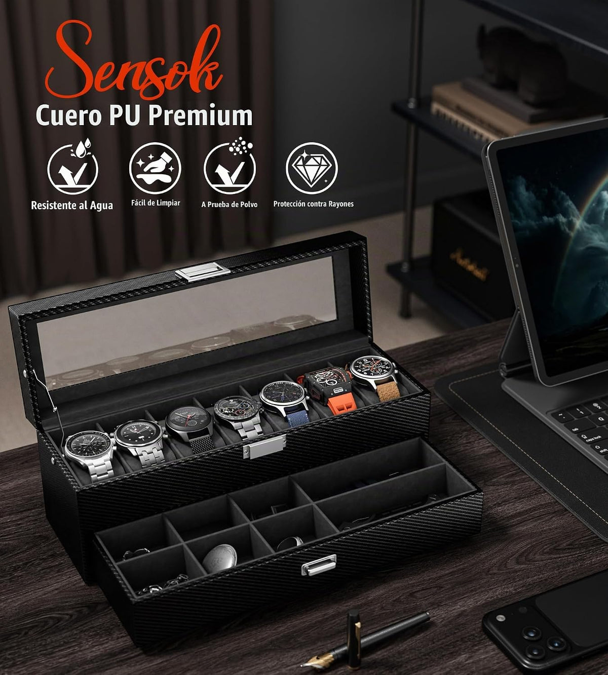 sensok Caja de reloj para hombre, 7 SLots relojes, organizador de a...