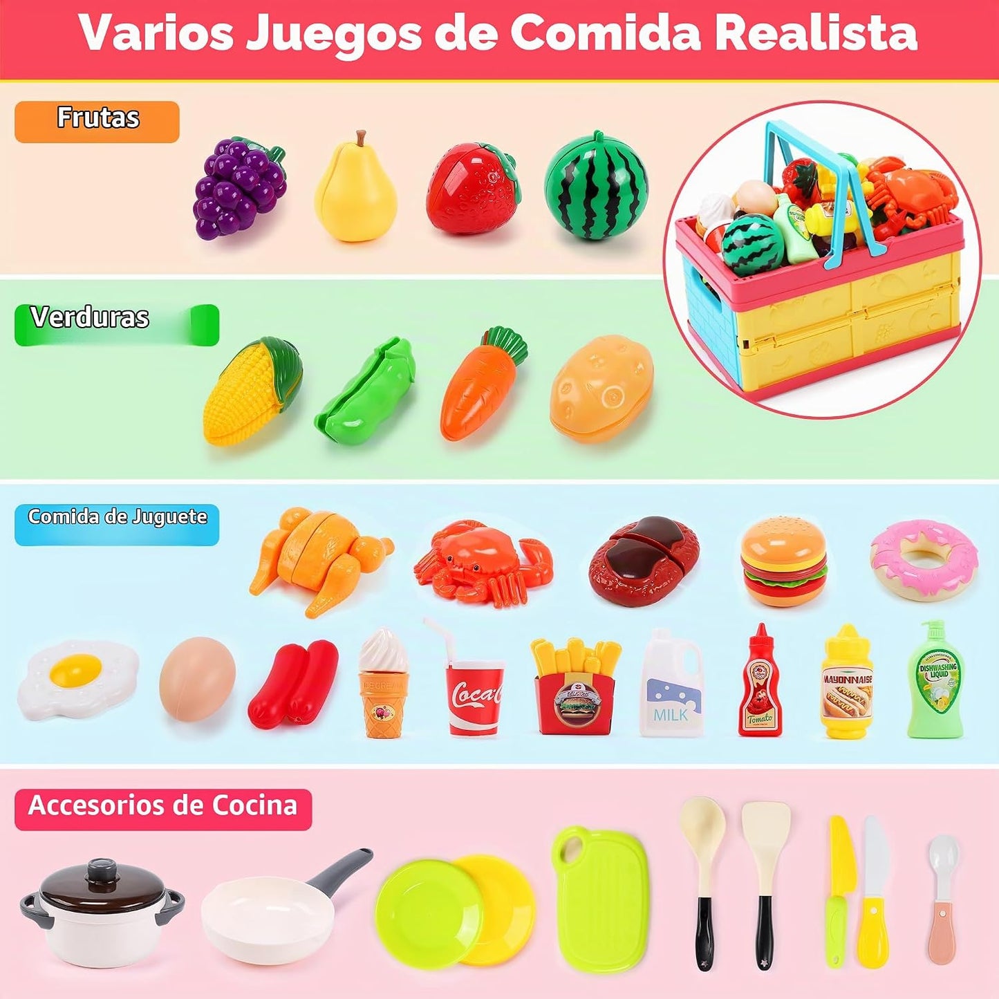 HOLYFUN Juego de juguetes de comida para niños, cesta de la compra...
