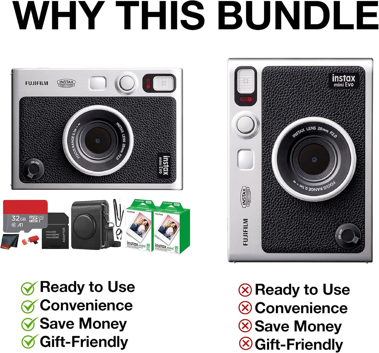 Fujifilm Instax Mini EVO Hybrid Cámara instantánea (negra) con paqu...