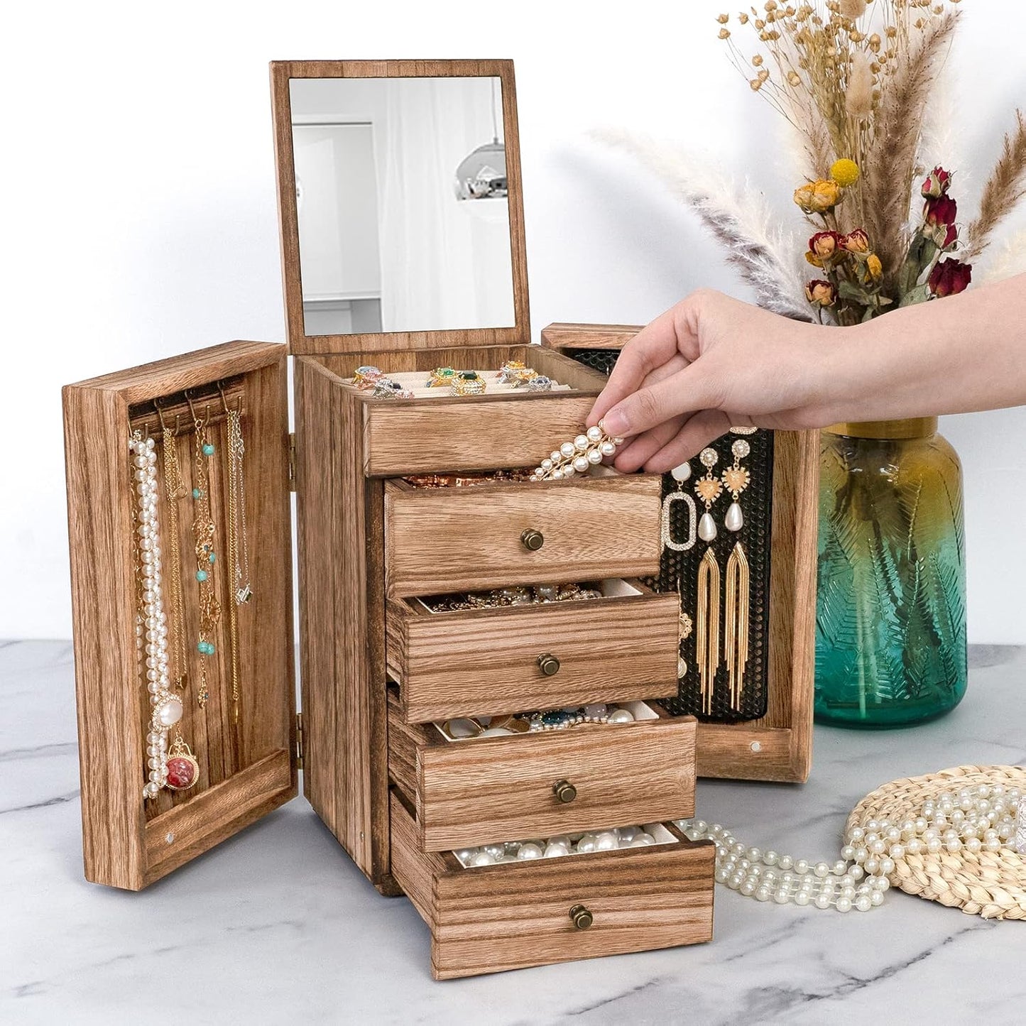 Meangood - Joyero de madera para mujeres, caja organizadora grande...