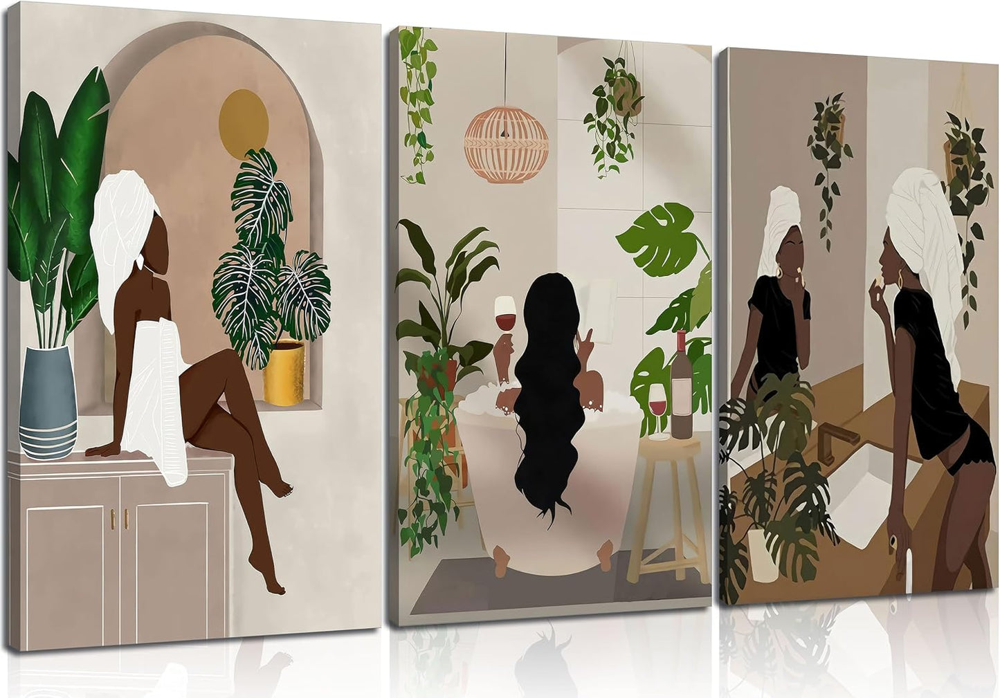 WSTUKVV 3 piezas de arte de pared de baño de niña negra, estilo boh...