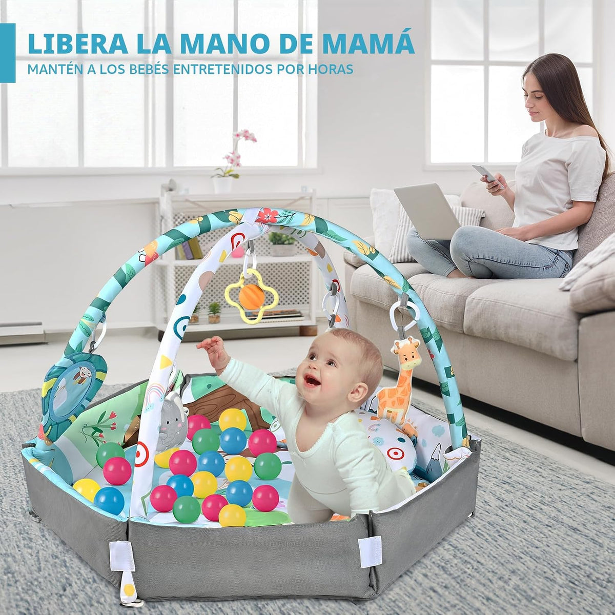 Tapete de juego para gimnasio para bebé, tapete 8 en 1 para el tiem...