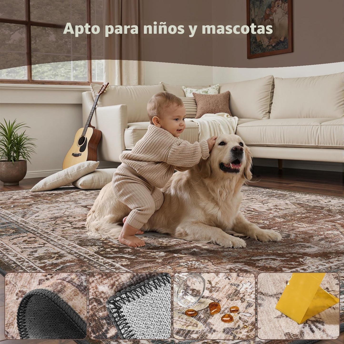 Alfombra lavable marrón de 5 x 7 pulgadas para sala de estar, alfom...