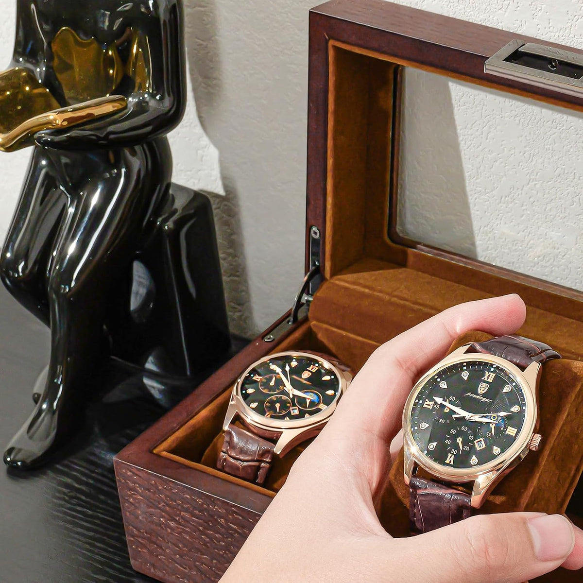 ProCase Caja de reloj de madera para hombres, vitrina de reloj de 3...