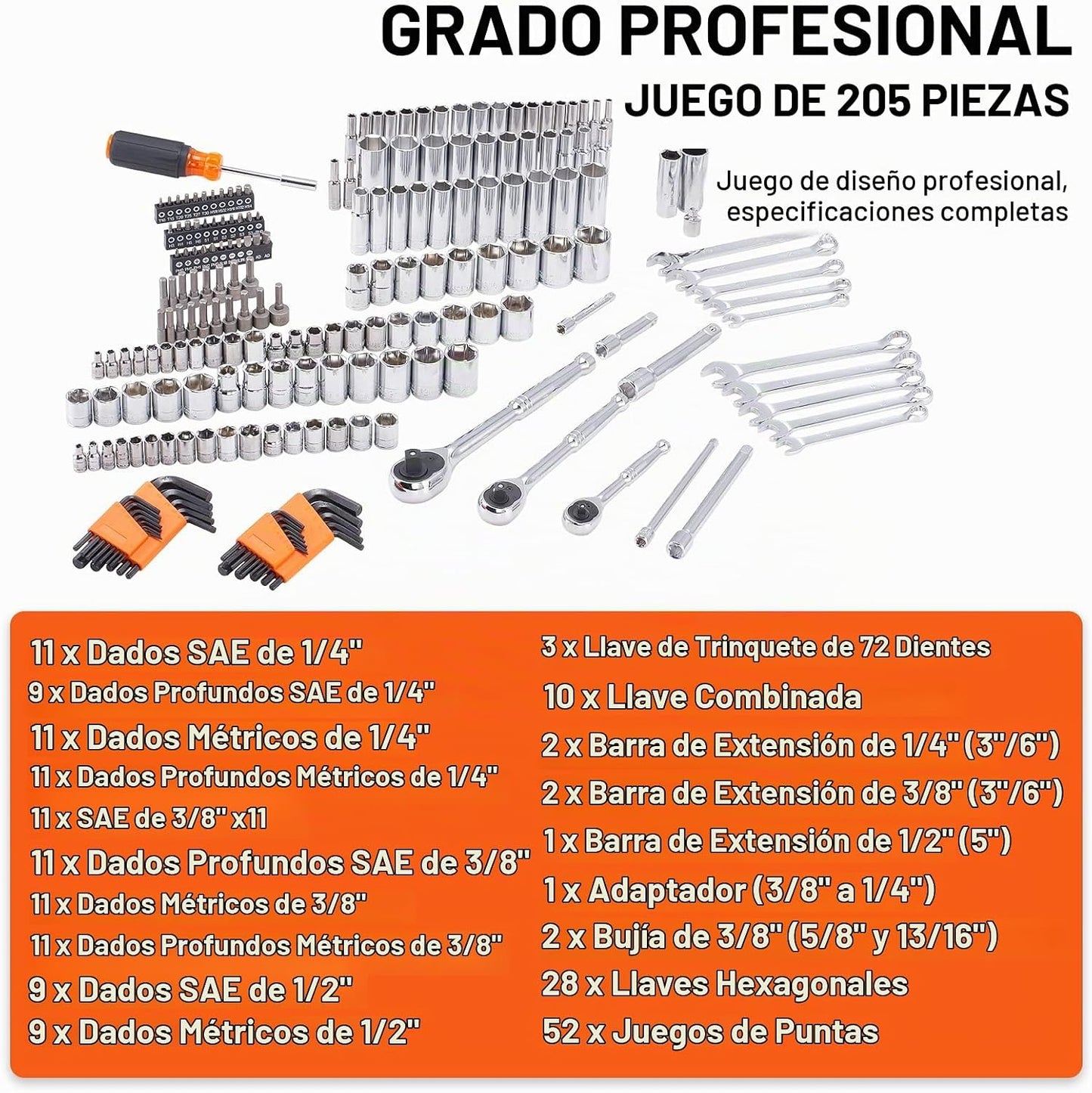 Juego de herramientas mecánicas VEVOR, 205 piezas de enchufes SAE y...