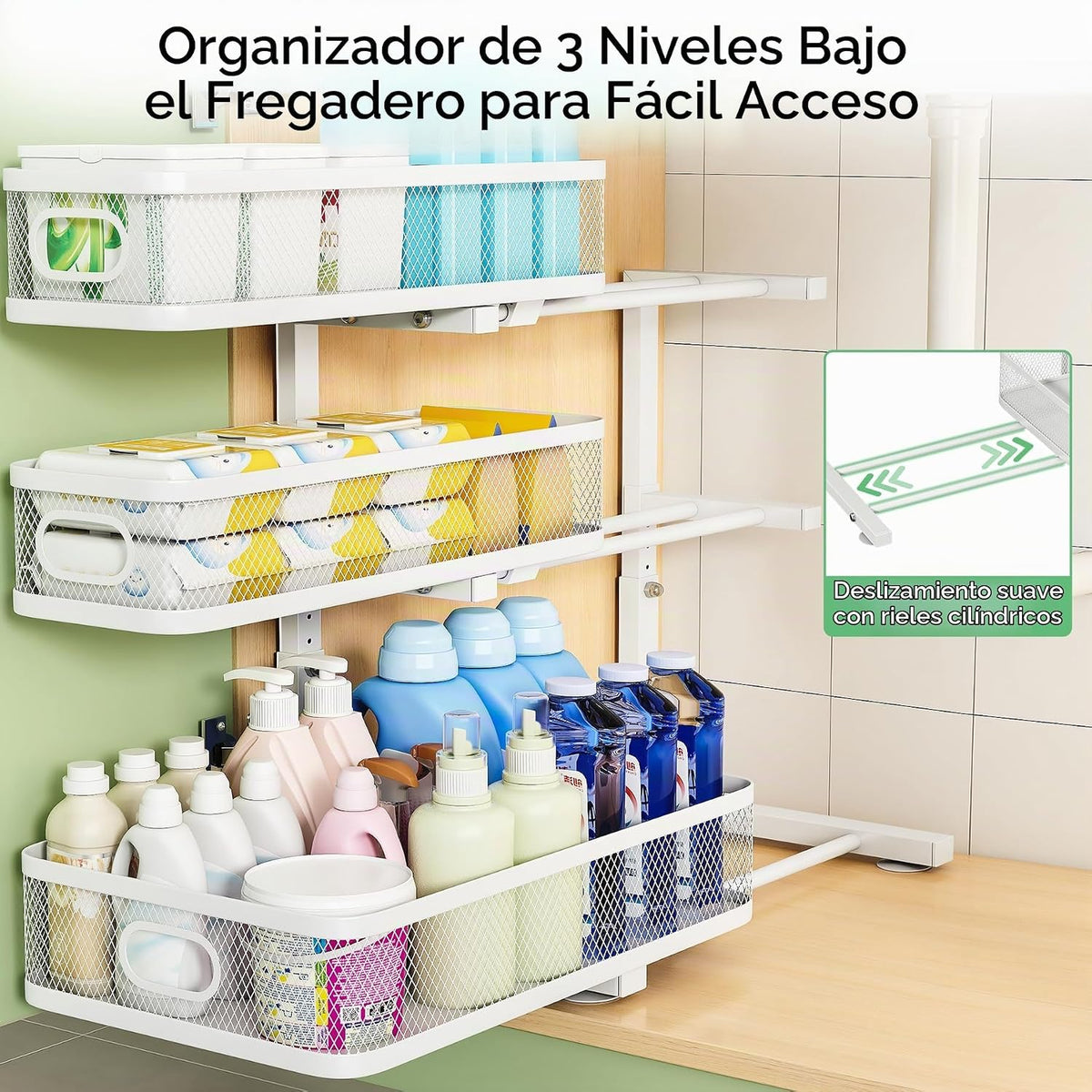 Organizador de 3 niveles para debajo del fregadero, organizador de...