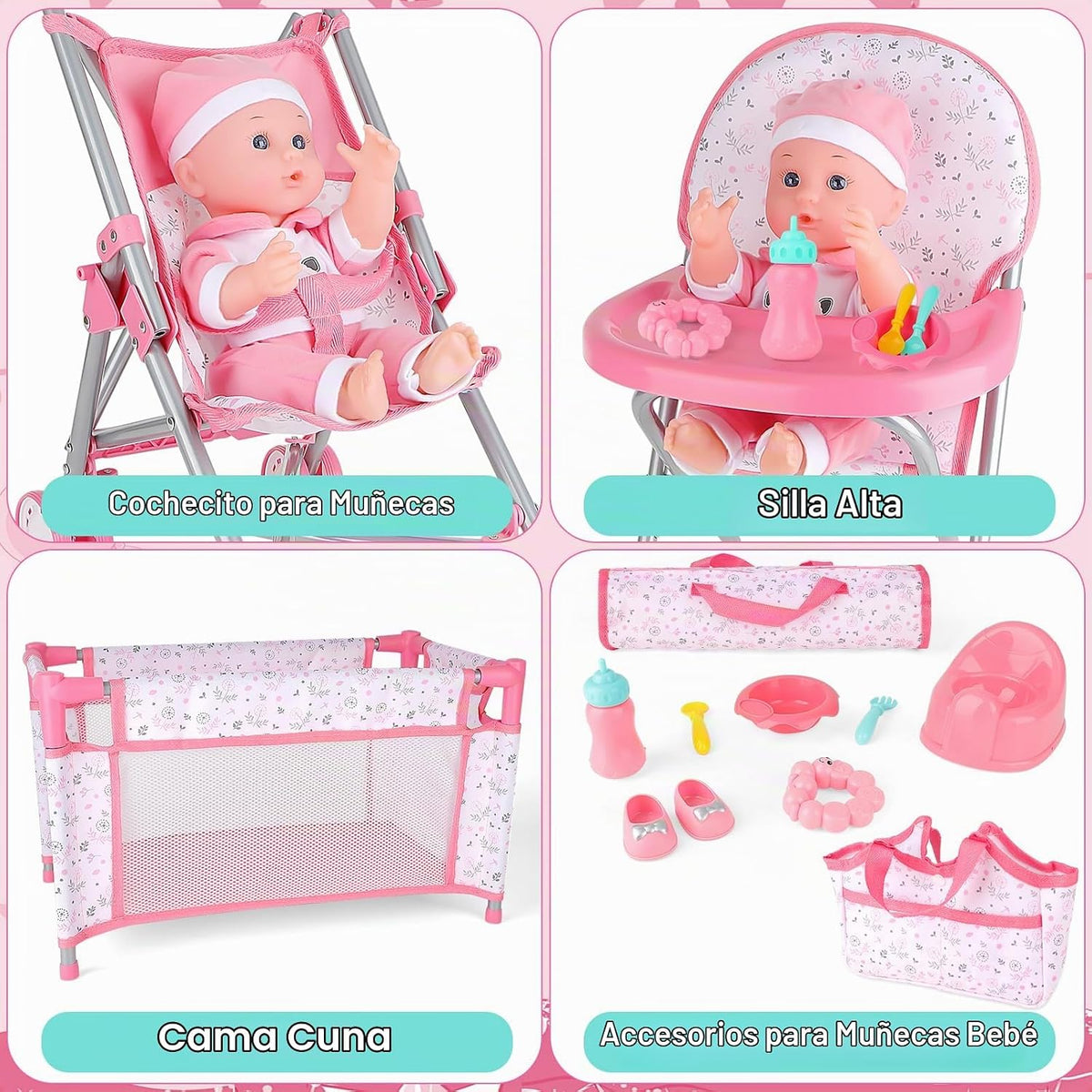 deAO Juego de juguetes para muñecas de bebé, cochecito, cuna, cama,...