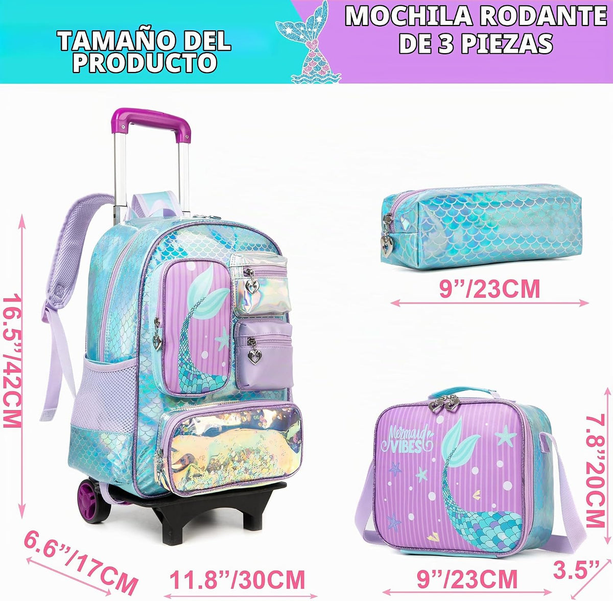 Meetbelify Mochila con ruedas de sirena para niñas, mochila con rue...