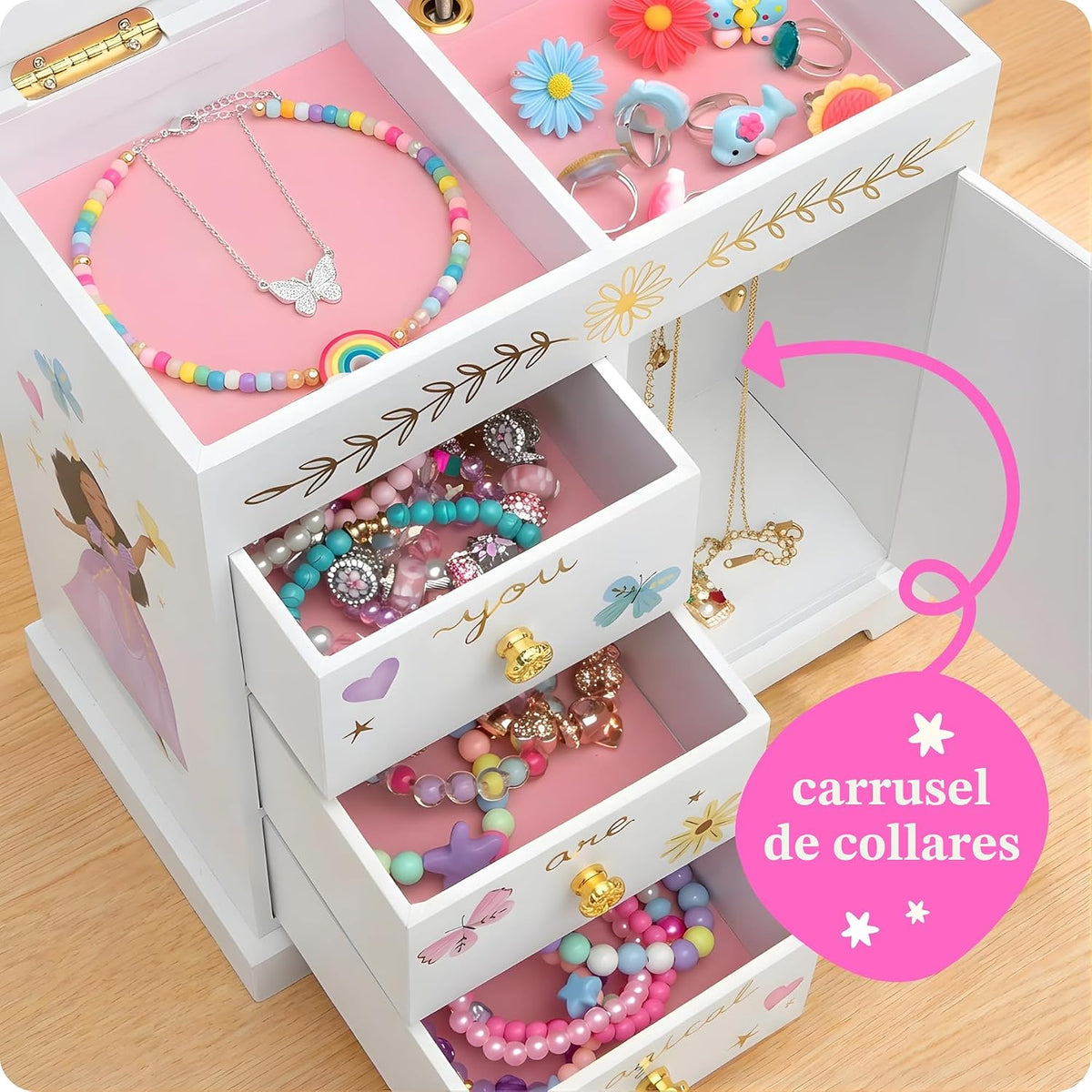 Giggle &amp; Honey Joyero musical de princesa para niñas, caja de m...
