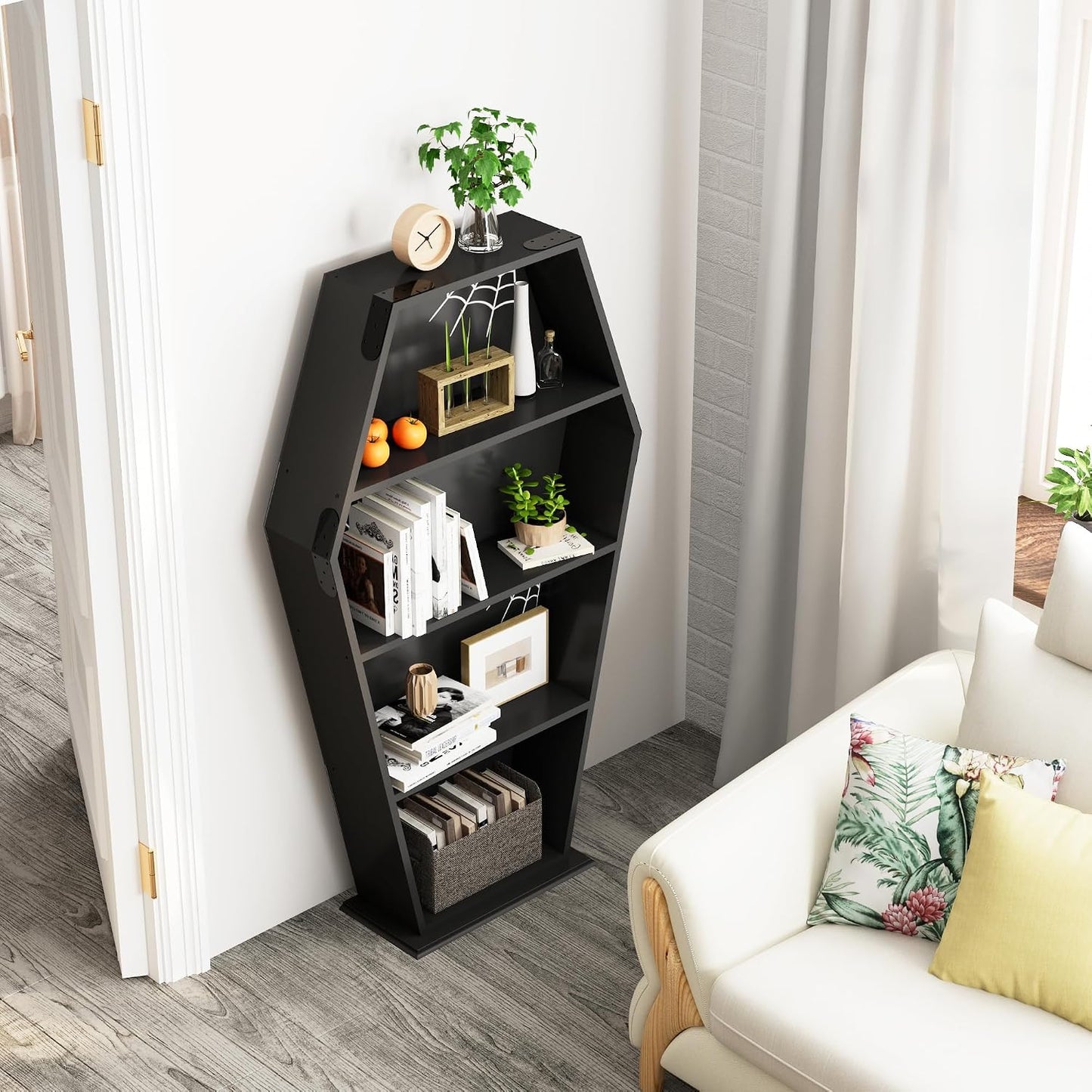 LUPWNEKA Estantería gótica de ataúd, estantería de madera negra de...