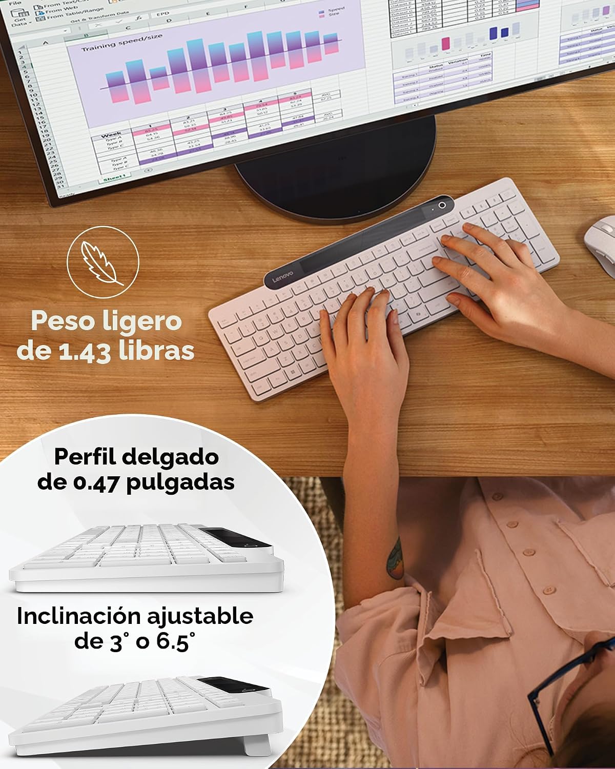 Lenovo 800 Teclado Bluetooth Autocargable, Utiliza Luz Ambiental pa...