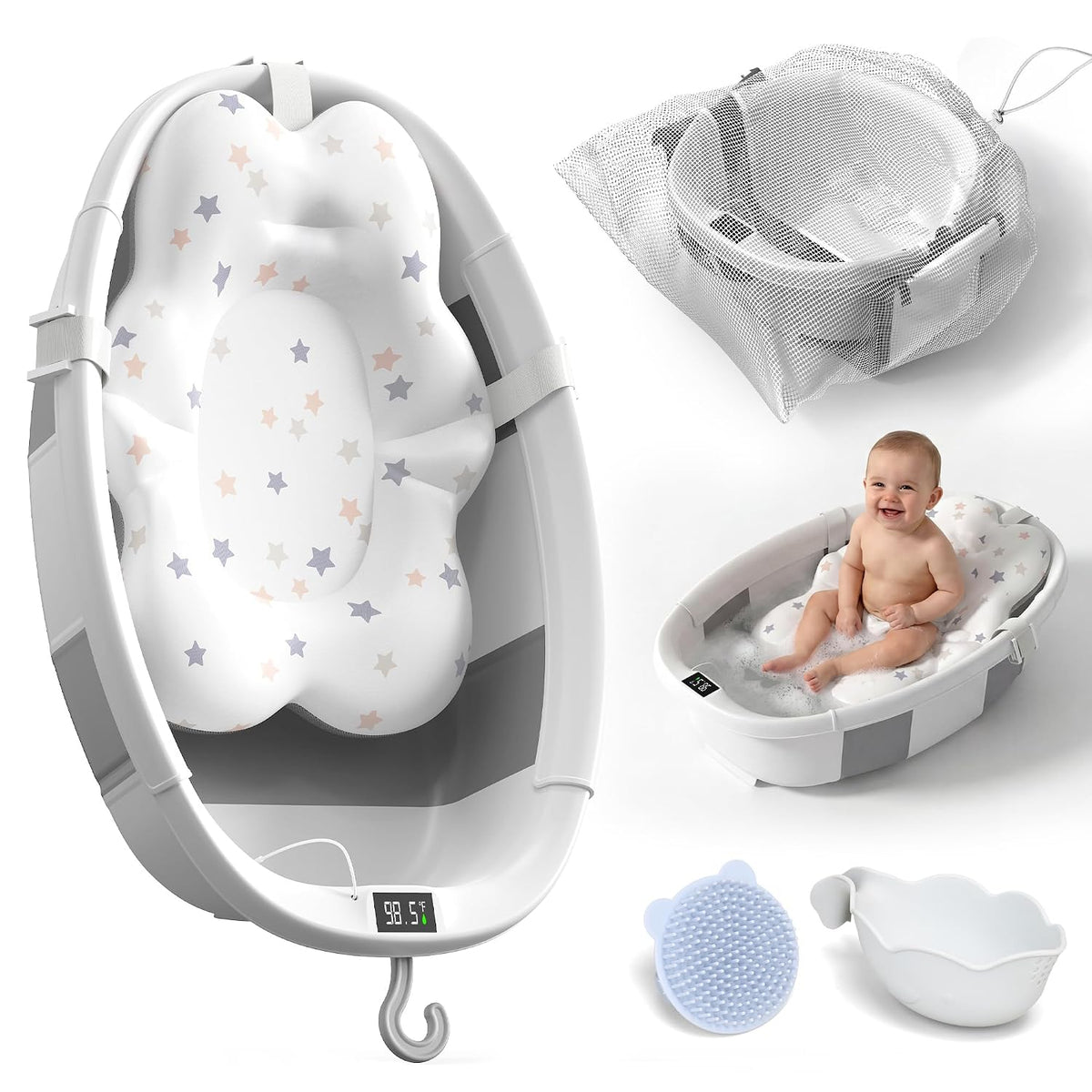 Bañera plegable para bebé, bañera grande con termómetro | Bañera es...