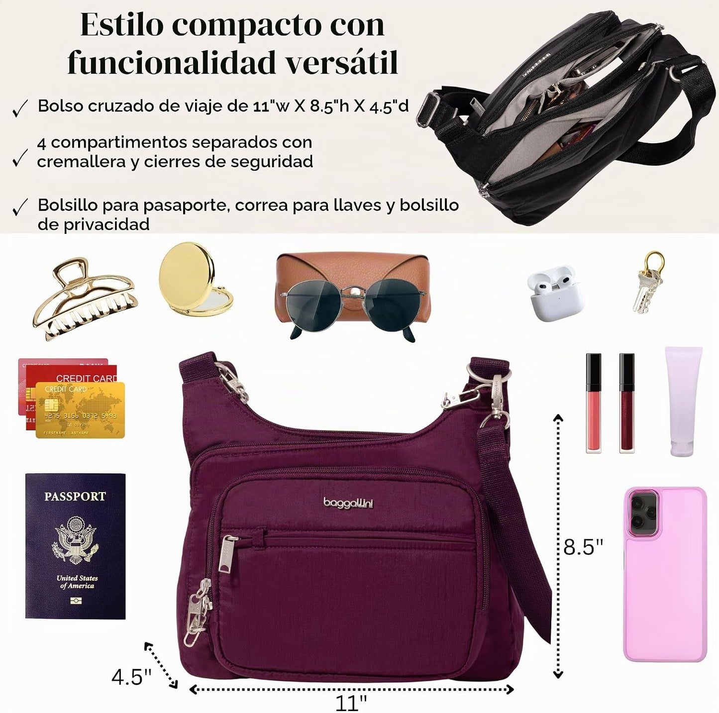 Baggallini Securtex Bandolera cruzada antirrobo 11\u201Dw X 8.5\u20...