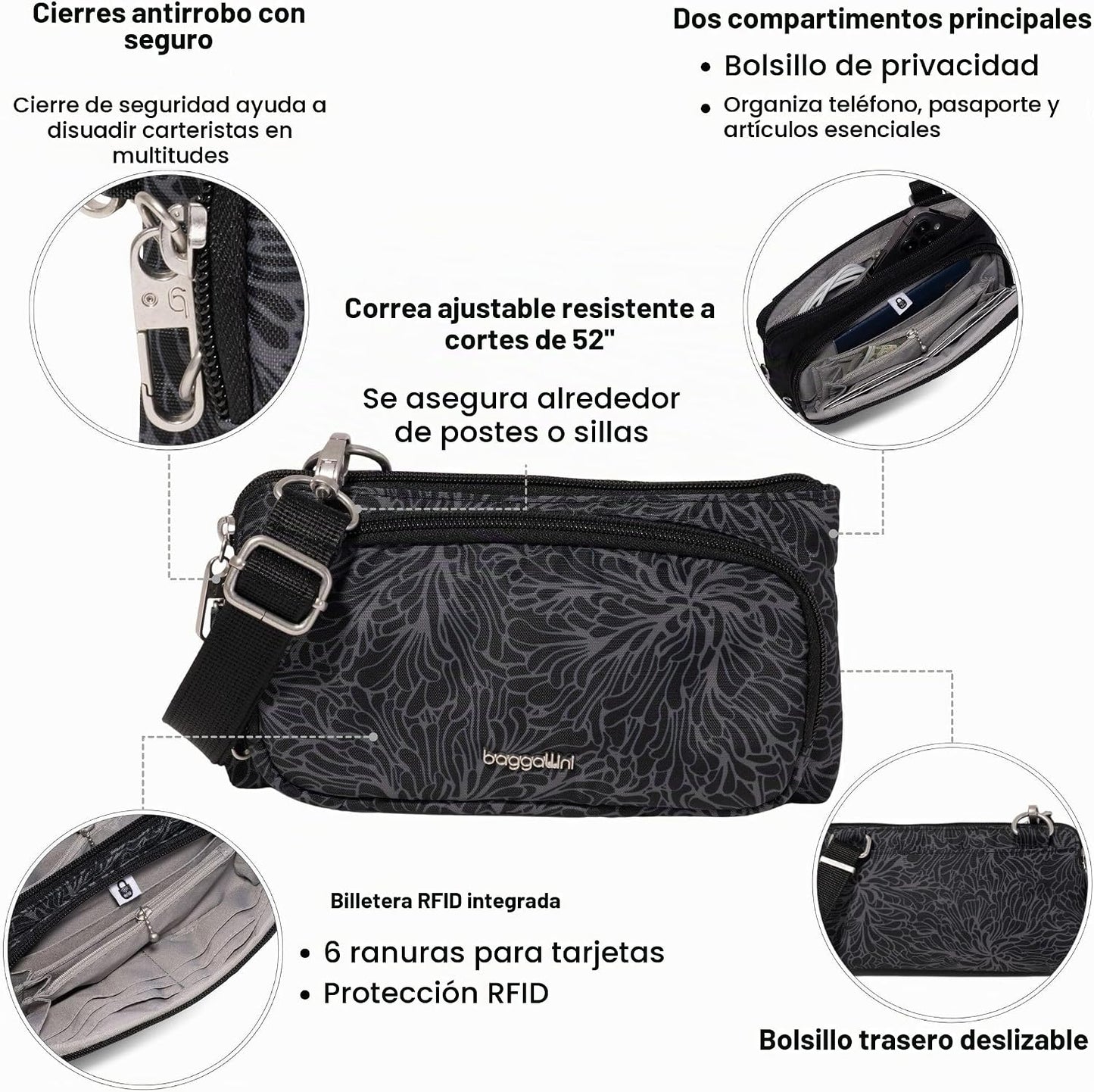 Securtex - Mini cartera cruzada antirrobo, ligera, 8.4 x 4.5 pulgad...