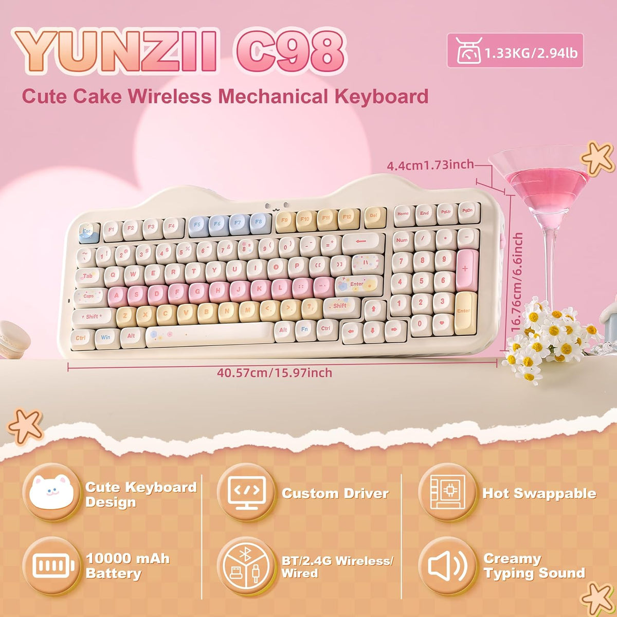 YUNZII C98 Cute Cake Teclado mecánico inalámbrico (beige, interrupt...