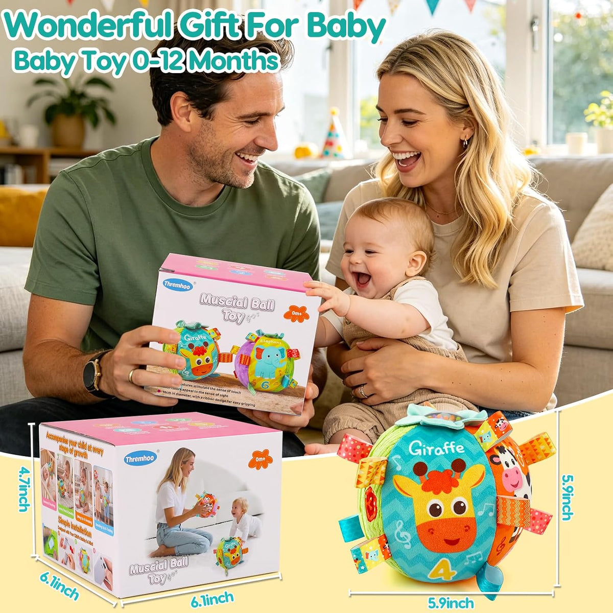Thremhoo Juguete musical de bola para bebé con sonidos y canciones...