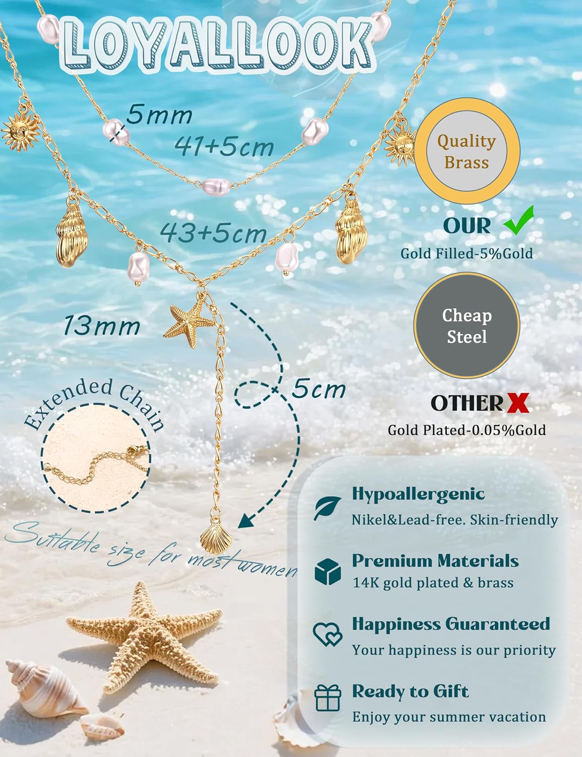 LOYALLOOK Collar de estrella de mar de concha para mujer, chapado e...