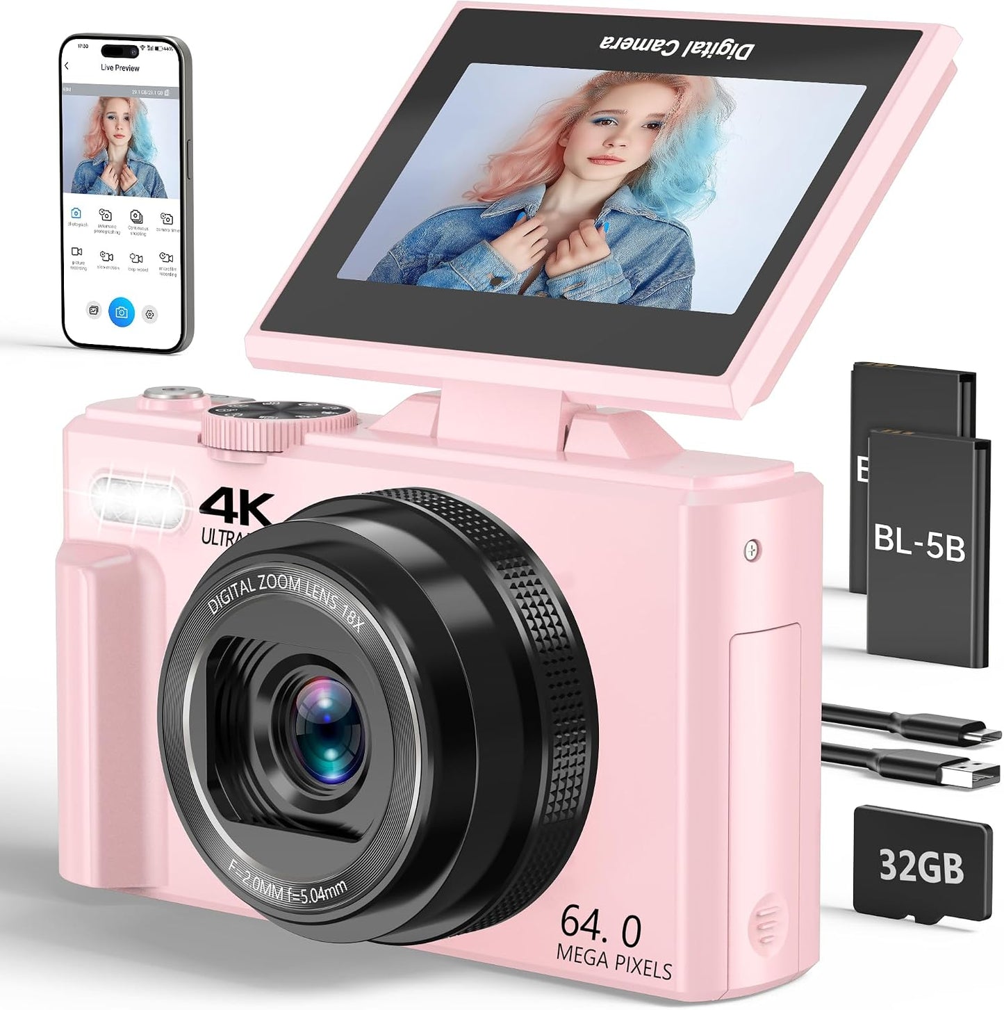 VJIANGER Cámara digital 4K, cámara de vlogging con pantalla abatibl...