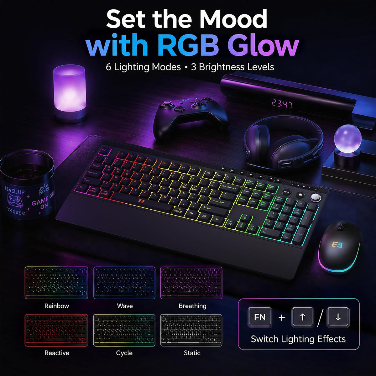 seenda KMG500 Combo de teclado y mouse inalámbricos para juegos con...