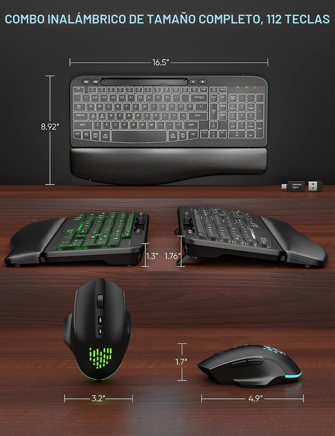 SABLUTE Combo de teclado y mouse inalámbricos, onda ergonómica con...