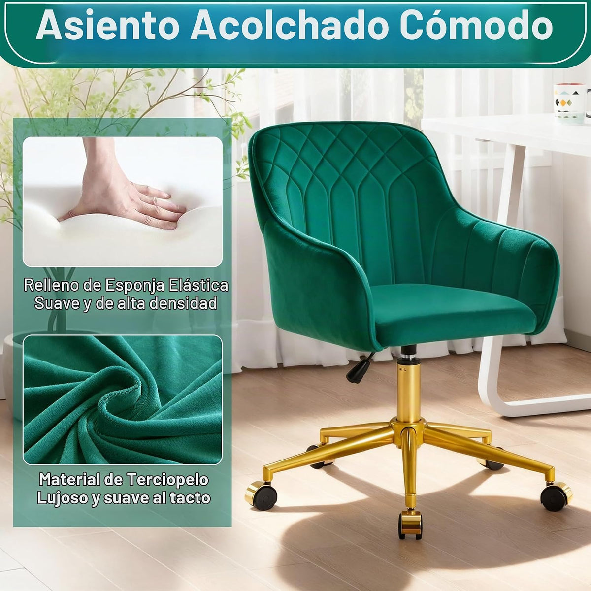 VECELO Silla de escritorio de oficina en casa moderna de terciopelo...