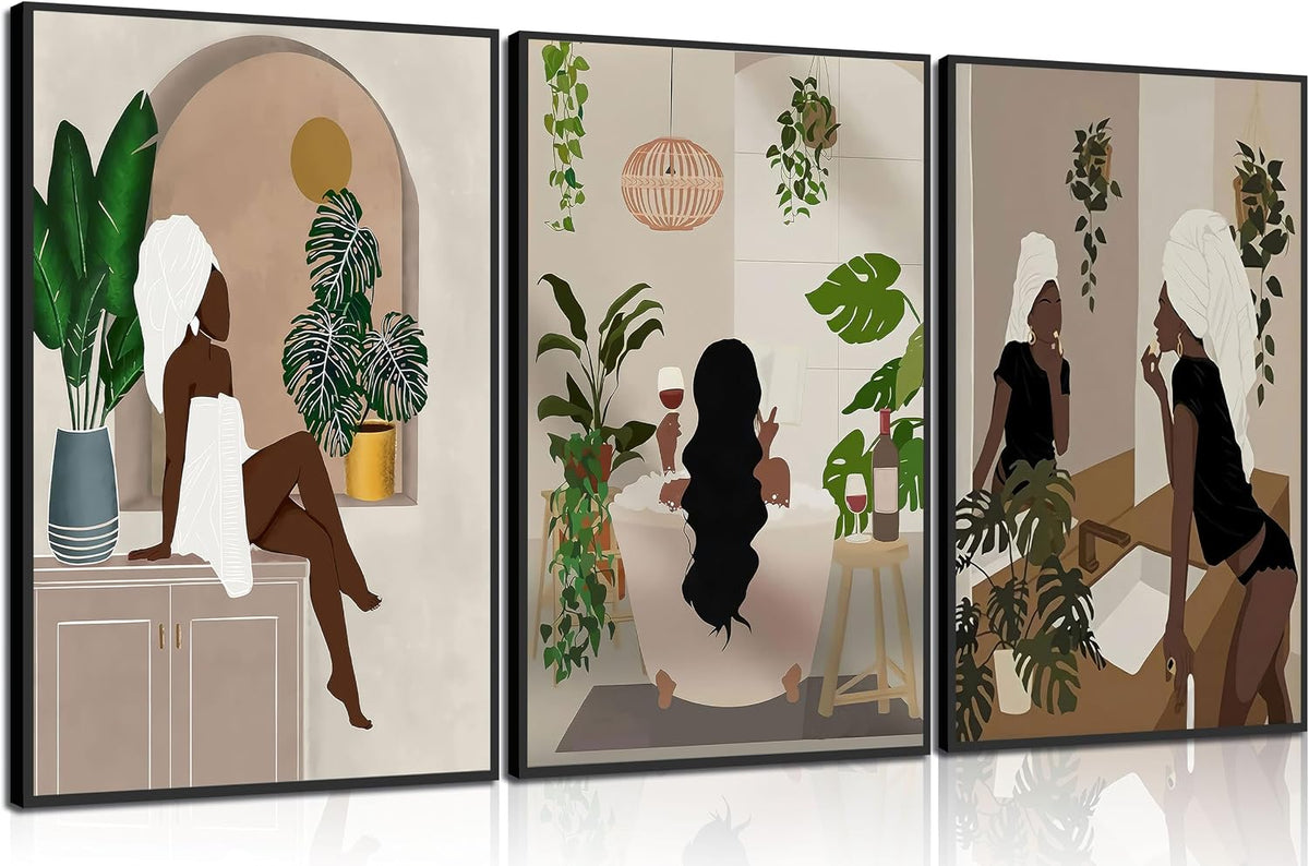 WSTUKVV 3 piezas de arte de pared para baño de chica negra, pósters...