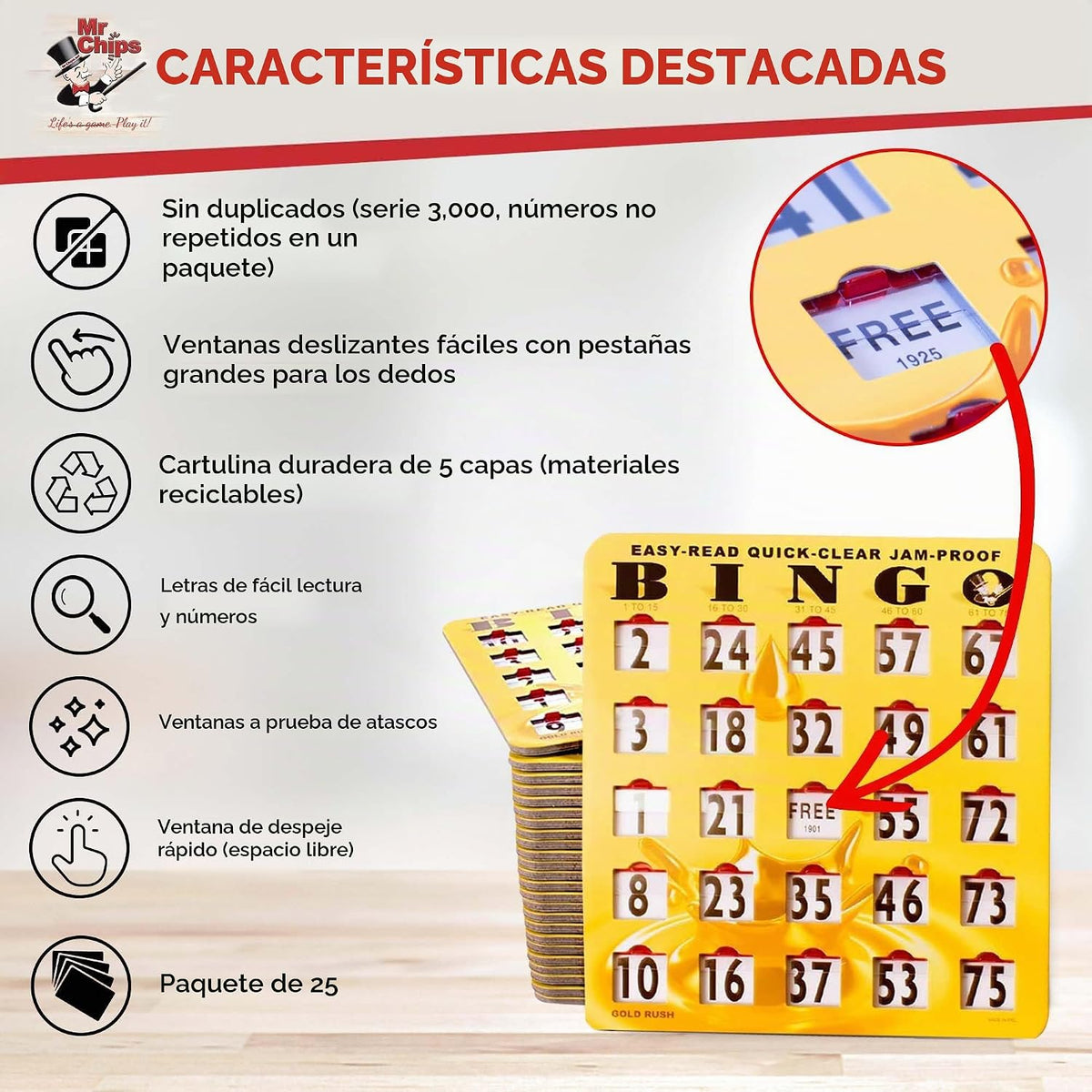 MR CHIPS Tarjetas de bingo deslizantes con ventana deslizante, fáci...