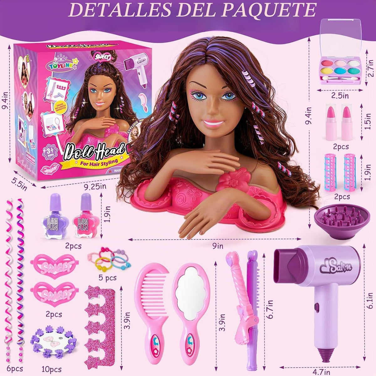 Toylink Cabeza de muñeca para peinar el cabello, kit de maquillaje...