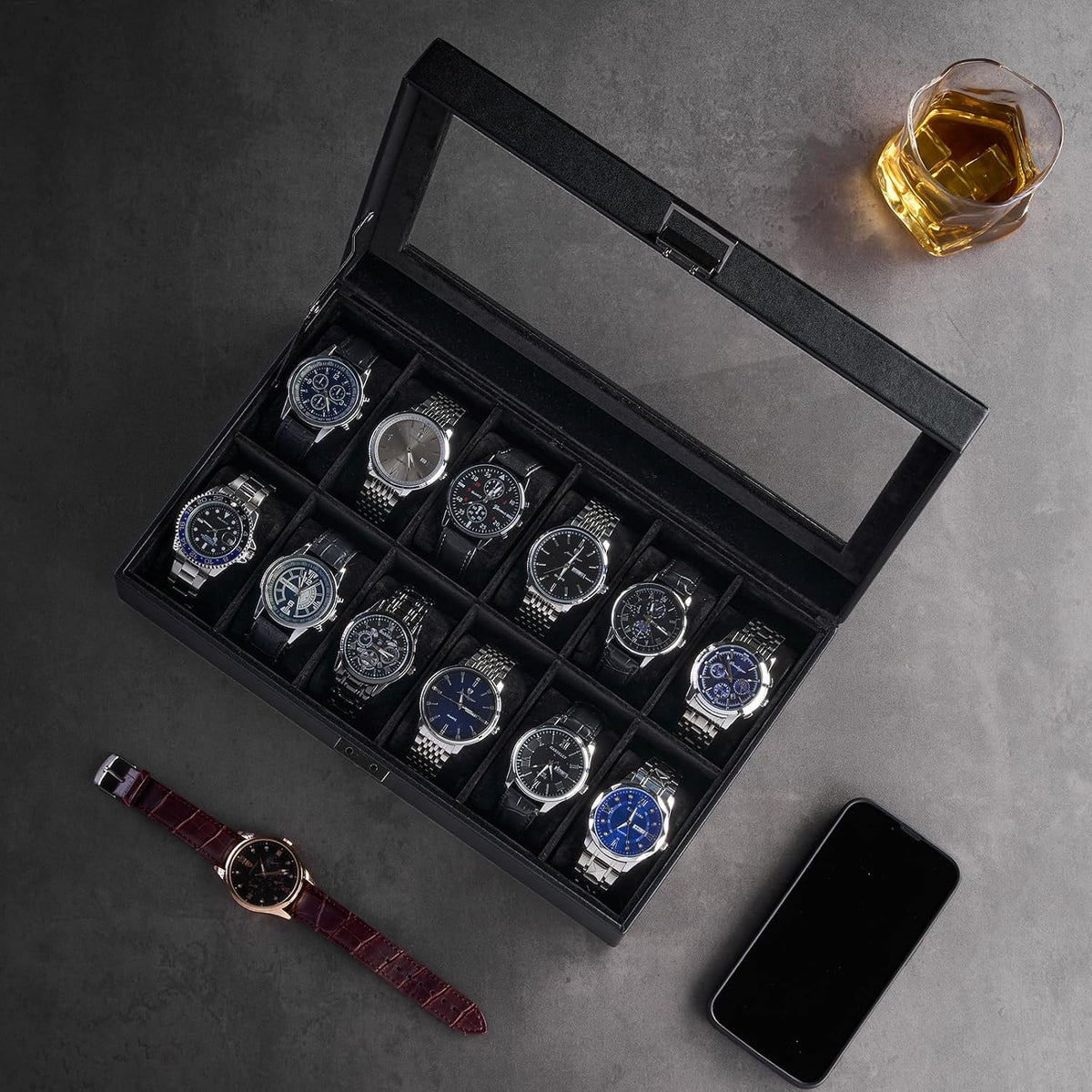 ProCase Caja de reloj con 12 ranuras para hombres -AllBlack | Organ...