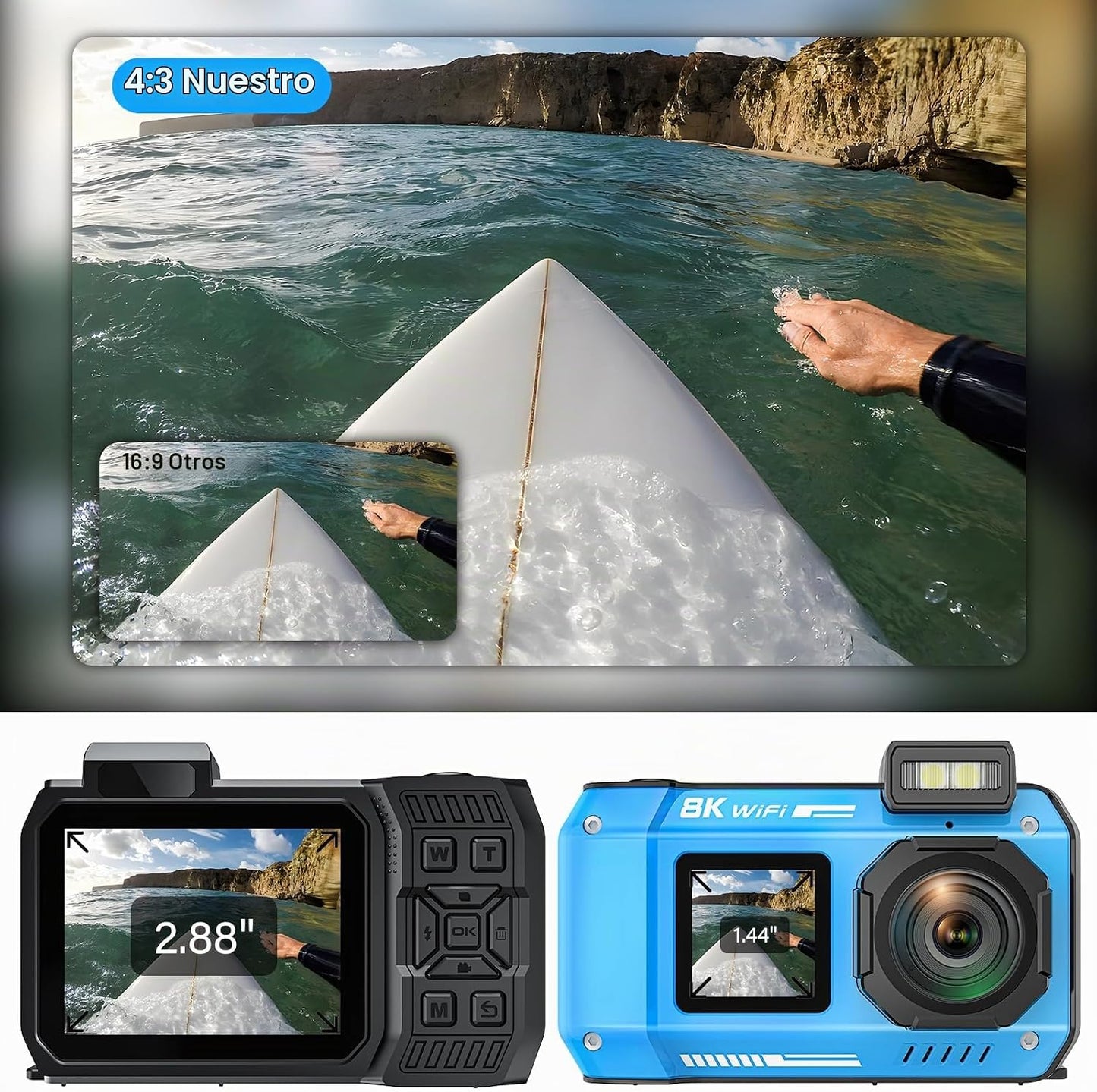Cámara subacuática de 8 K, WiFi de 33 pies y 70 MP cámara impermeab...