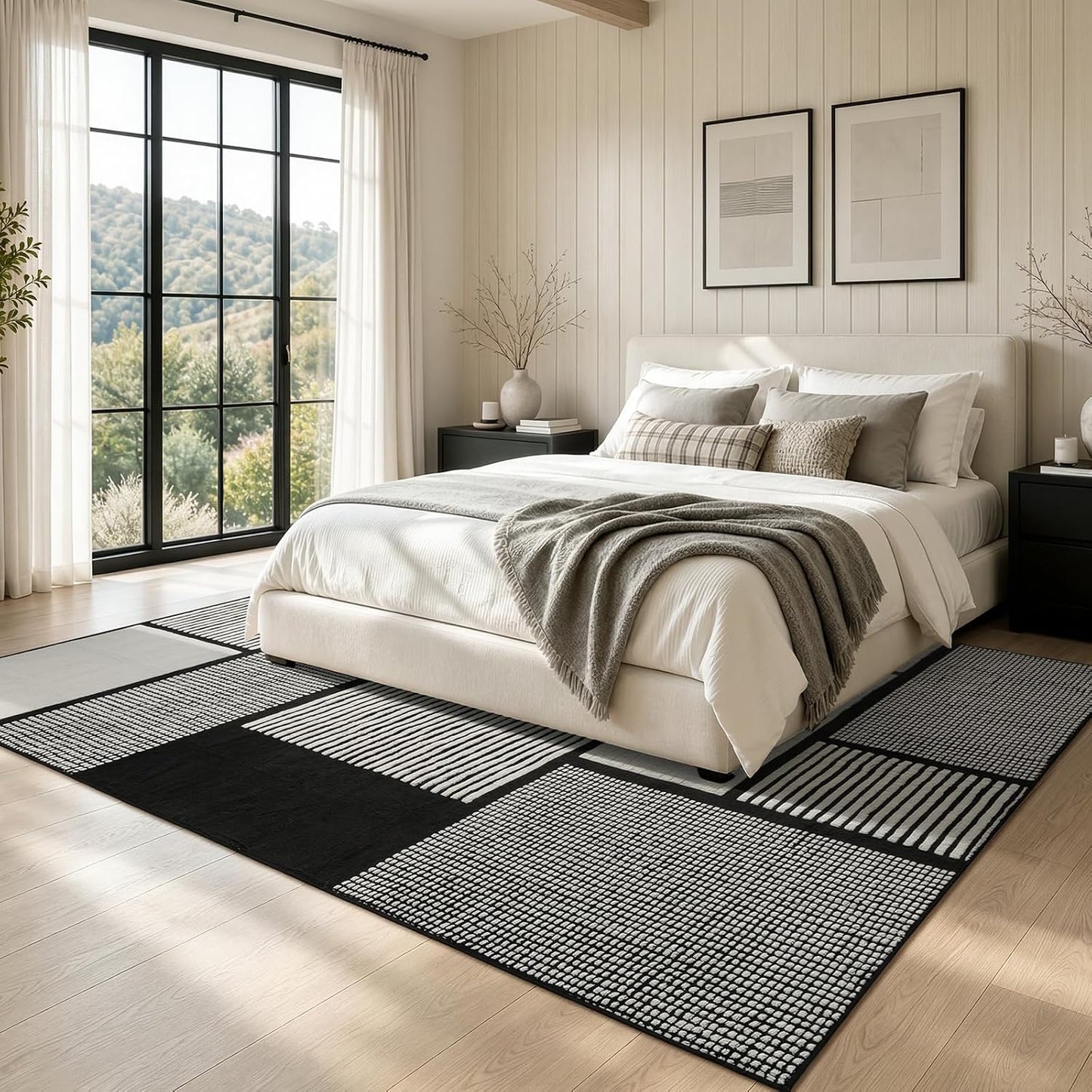 YIHOUSE Alfombra de área blanca y negra de 6 x 9, alfombra lavable...