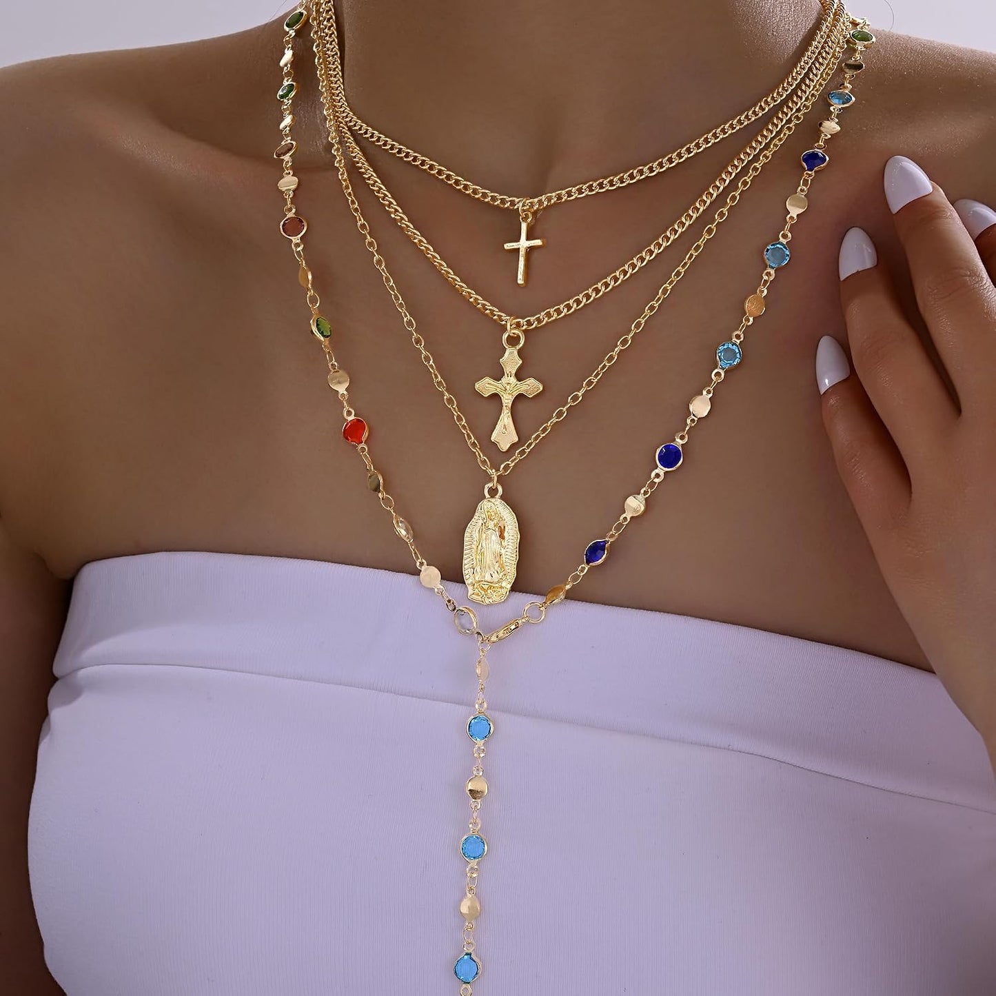 4 piezas de collares de cruz dorados en capas para mujer, modernos,...