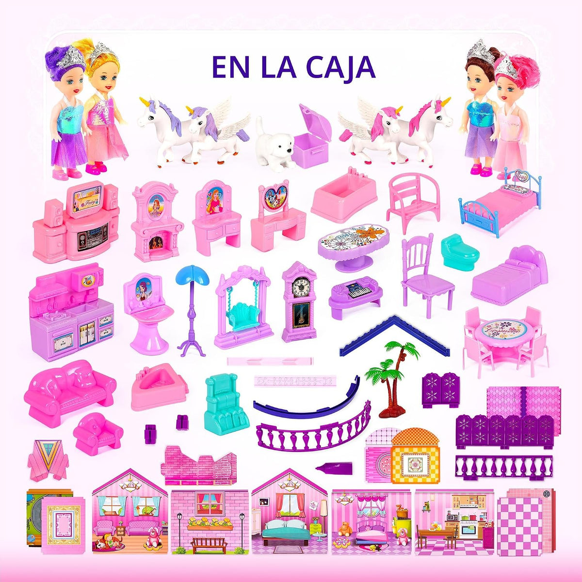 Casa de muñecas con 4 princesas, 4 unicornios, perro, muebles y acc...