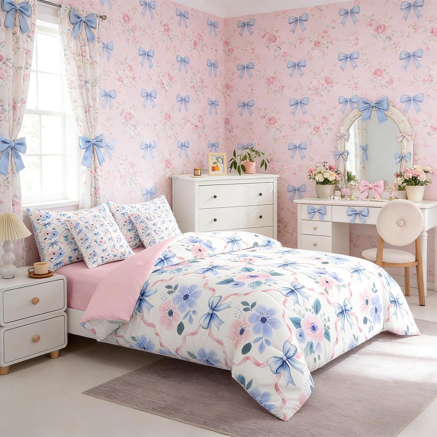 Erosebridal - Juego de edredón con arco azul y rosa de 7 piezas, ju...