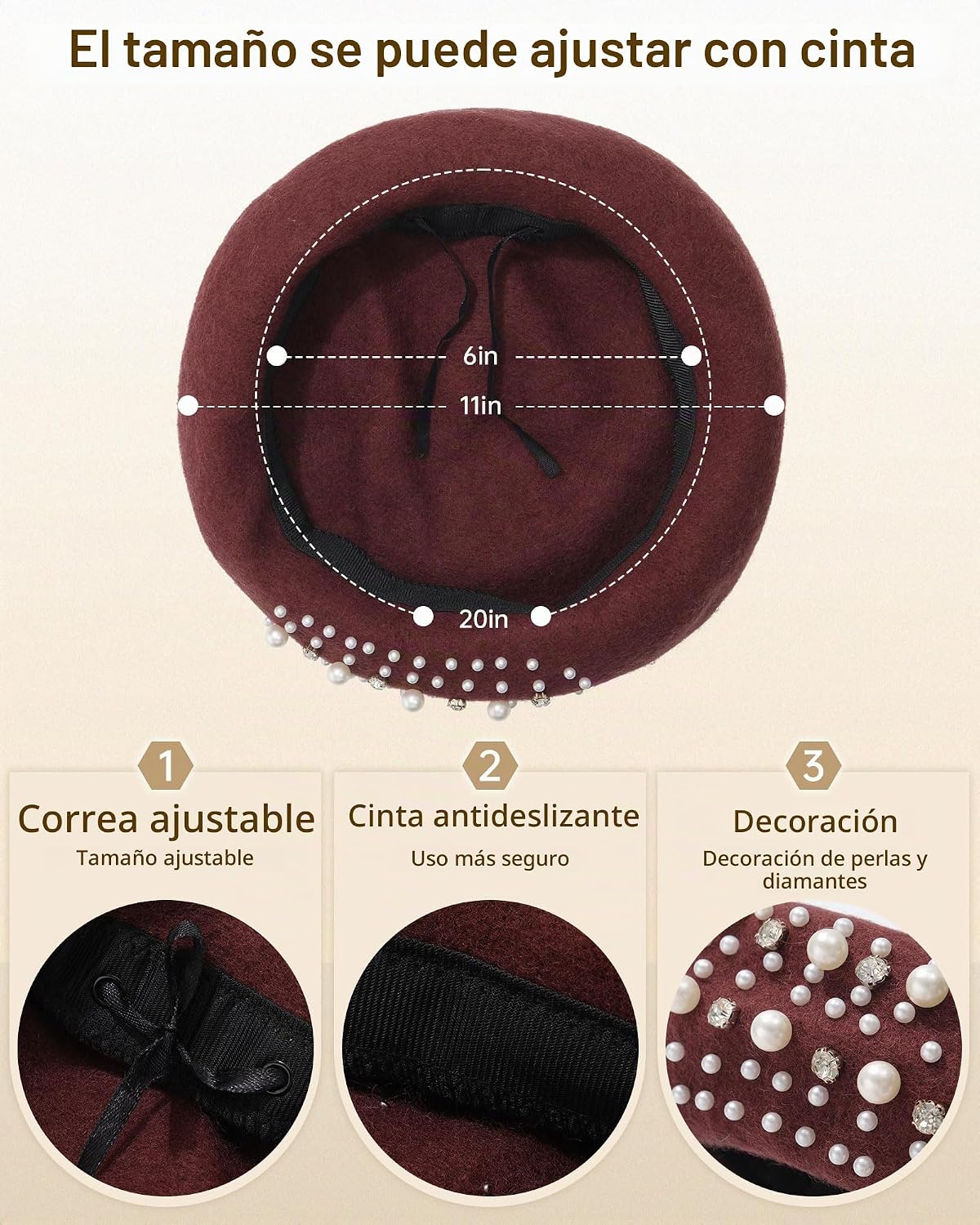 Boina clásica de lana francesa con adornos de perlas y diamantes de...