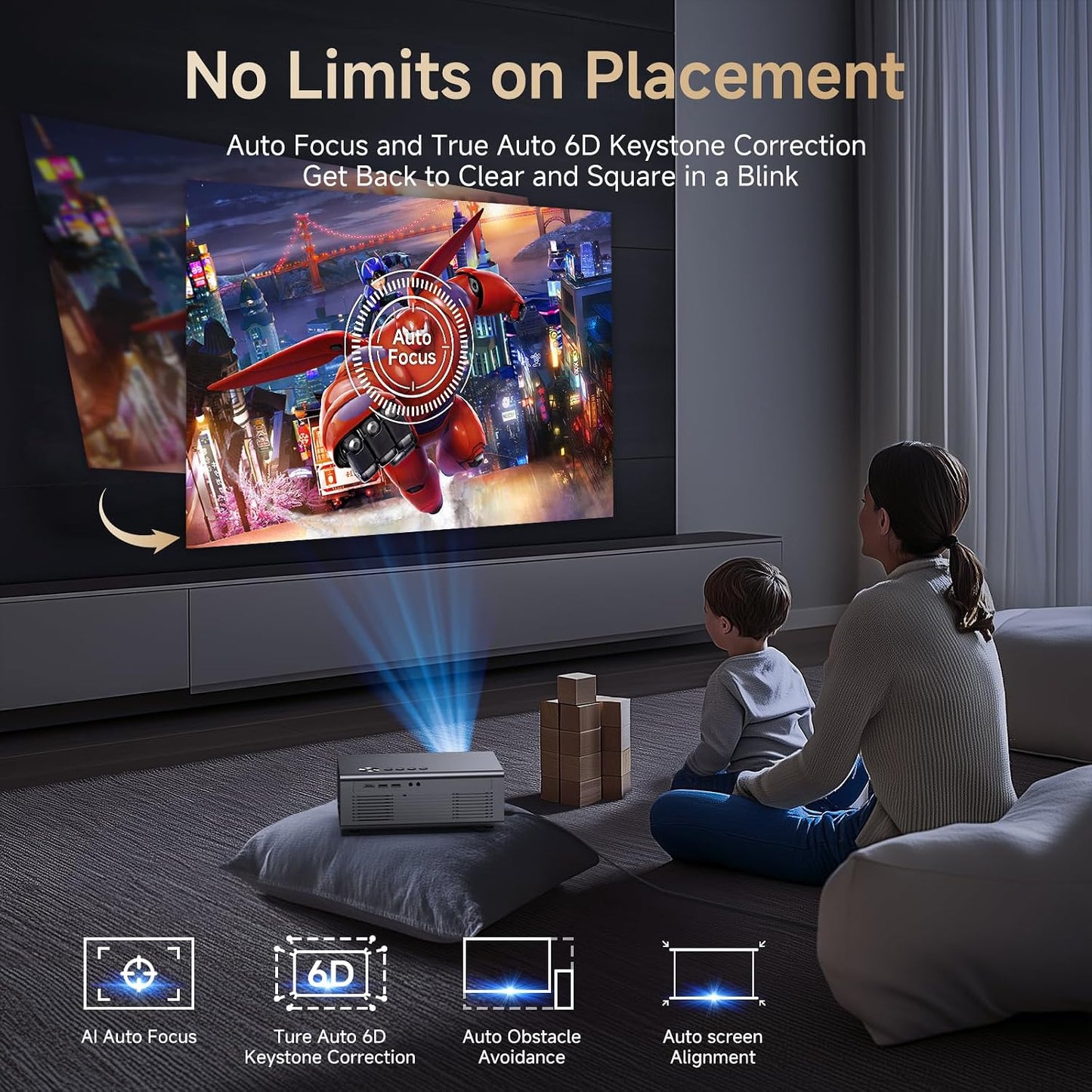 Proyector 4K con WiFi y Bluetooth, enfoque automático AI y 6D Keyst...