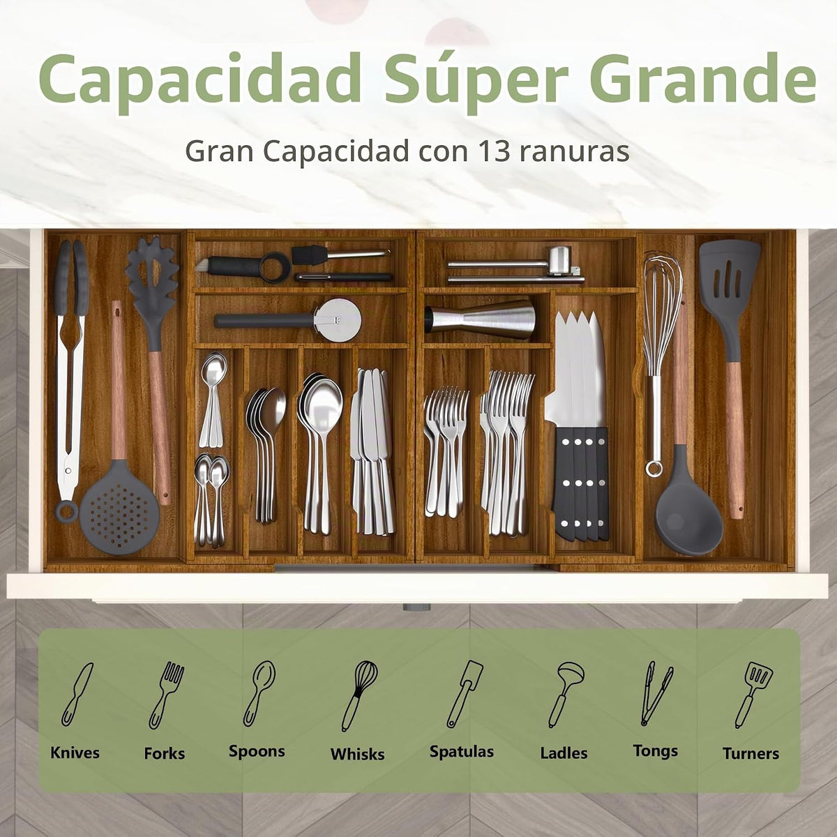 Suli Organizador grande de cajones de cubiertos, cubiertos de cocin...