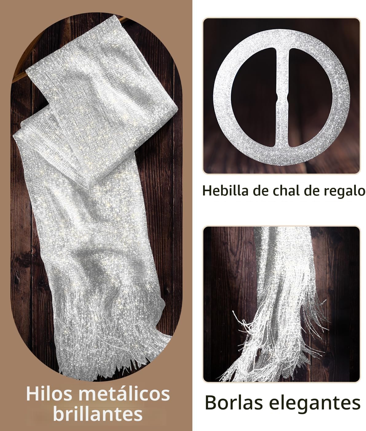 KUNINDOME Chales y chalinas metálicos brillantes con hebilla, para...