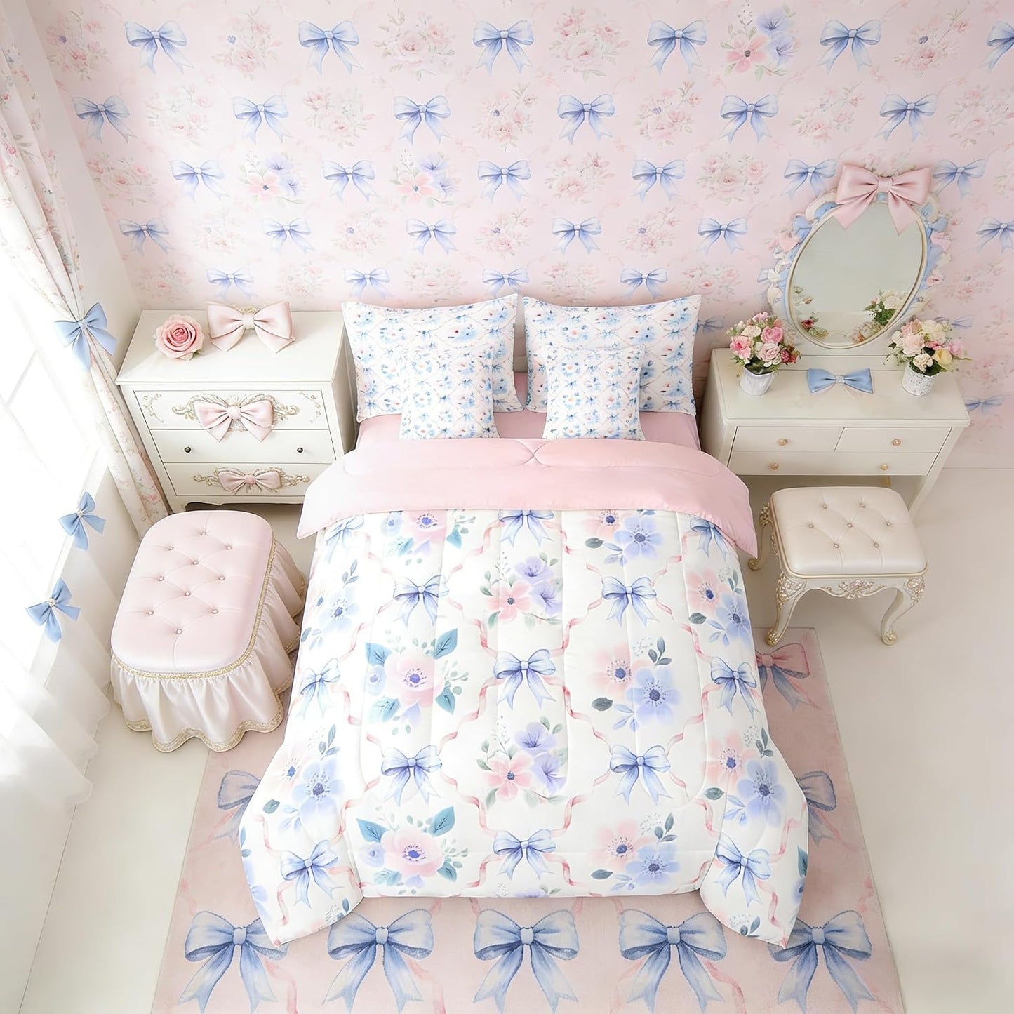 Erosebridal - Juego de edredón con arco azul y rosa de 7 piezas, ju...