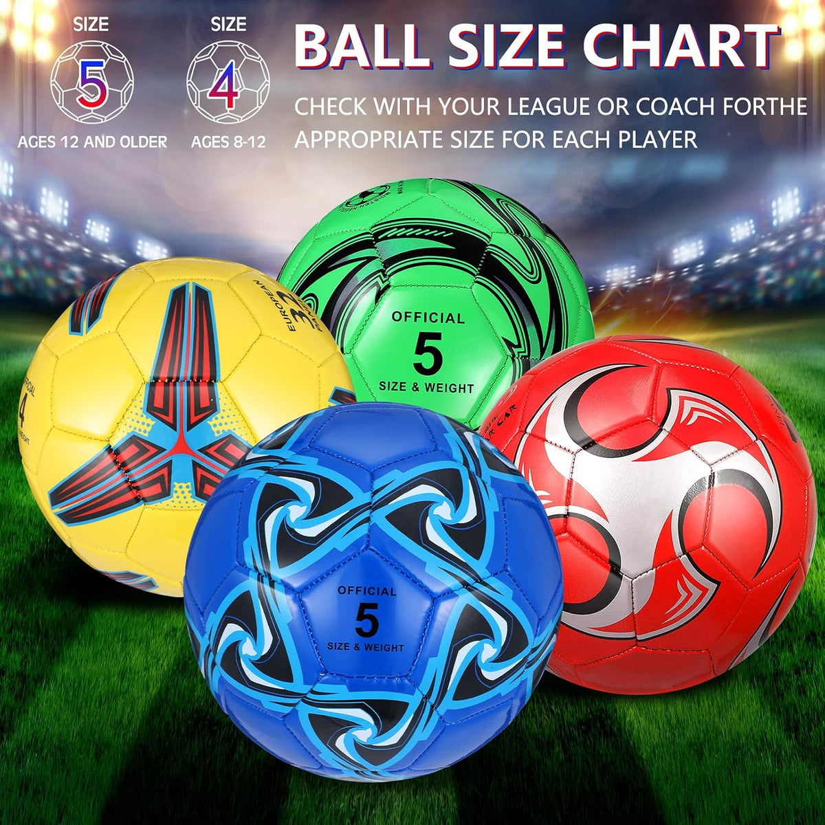 Tradder Paquete de 4 pelotas de fútbol con bomba, tamaño 3, 4, 5, p...