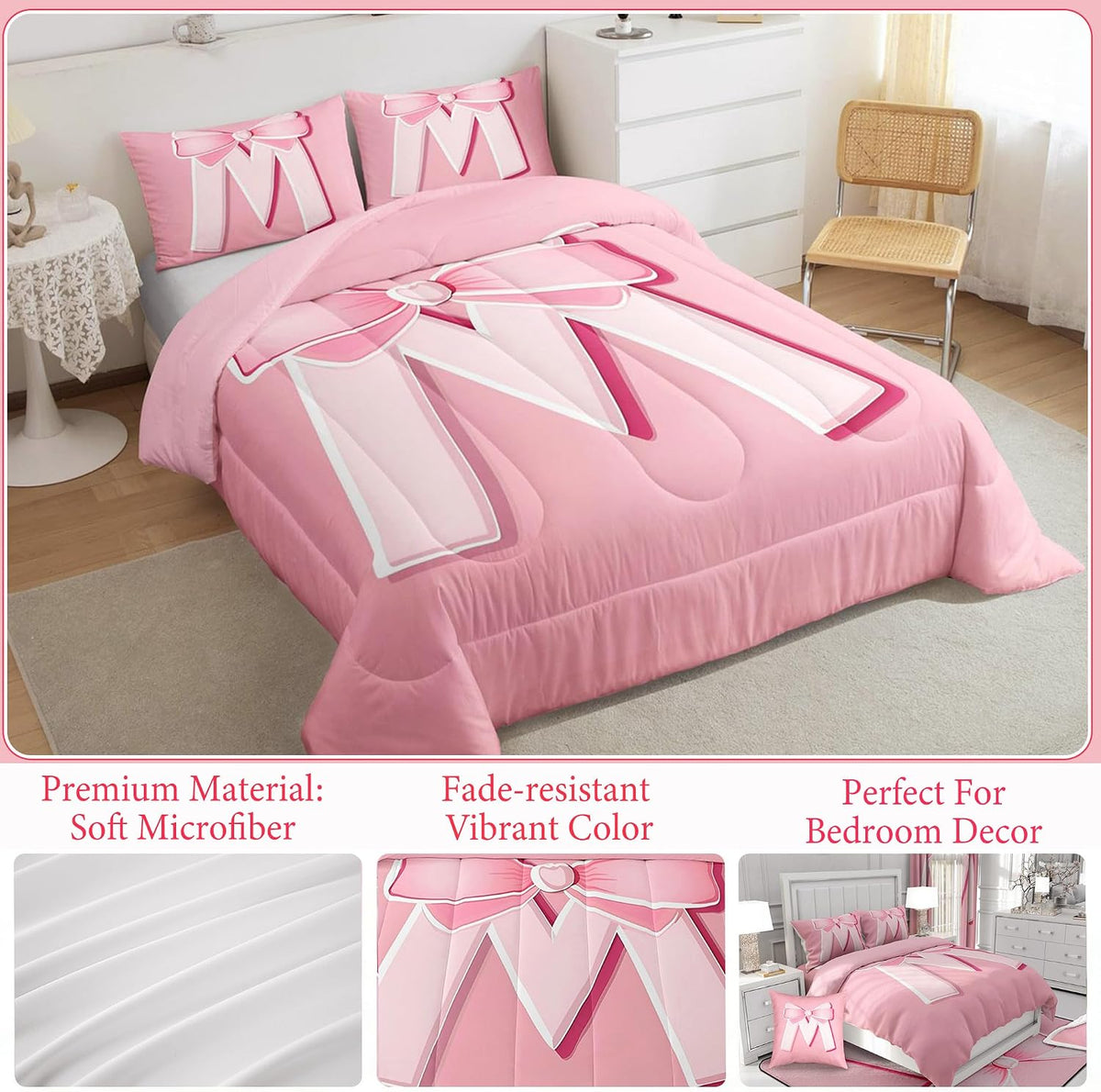 jejeloiu Juego de ropa de cama con lazo rosa, tamaño Queen, regalos...