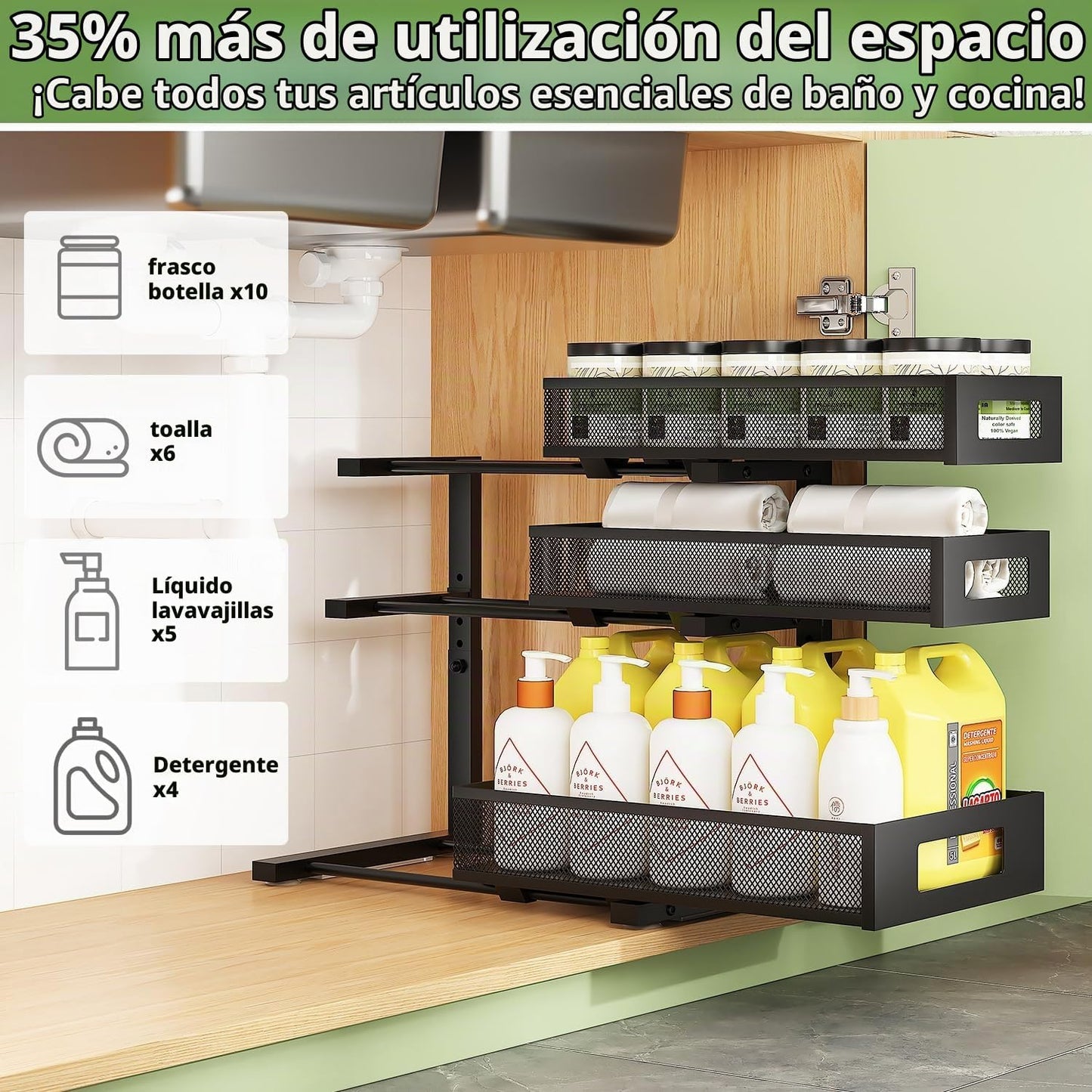 Organizador de 3 niveles para debajo del fregadero, paquete de 2 es...