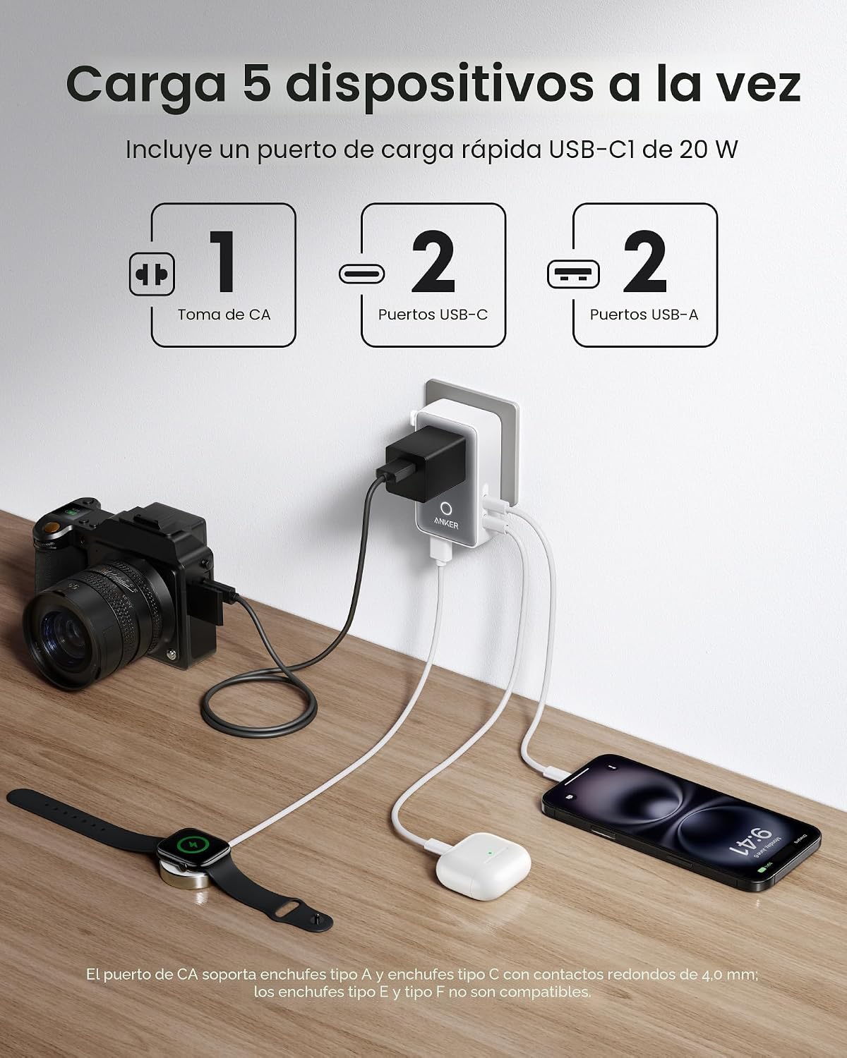 Anker Nano Travel Adapter (1 unidad), 2 cargadores universales USB-...