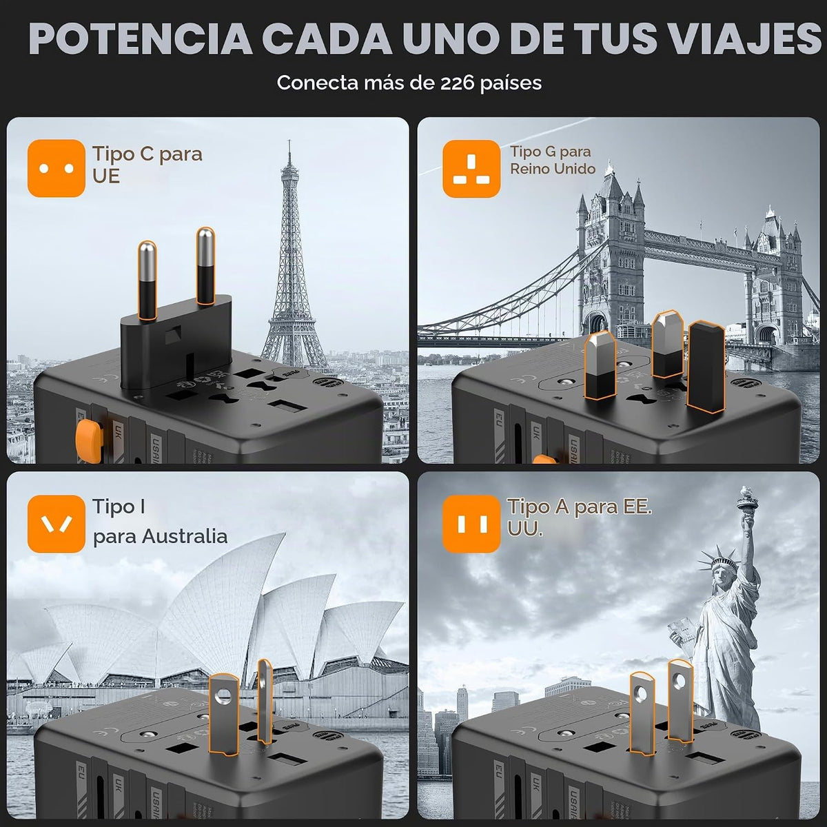 TESSAN Adaptador de viaje universal, adaptador de enchufe internaci...
