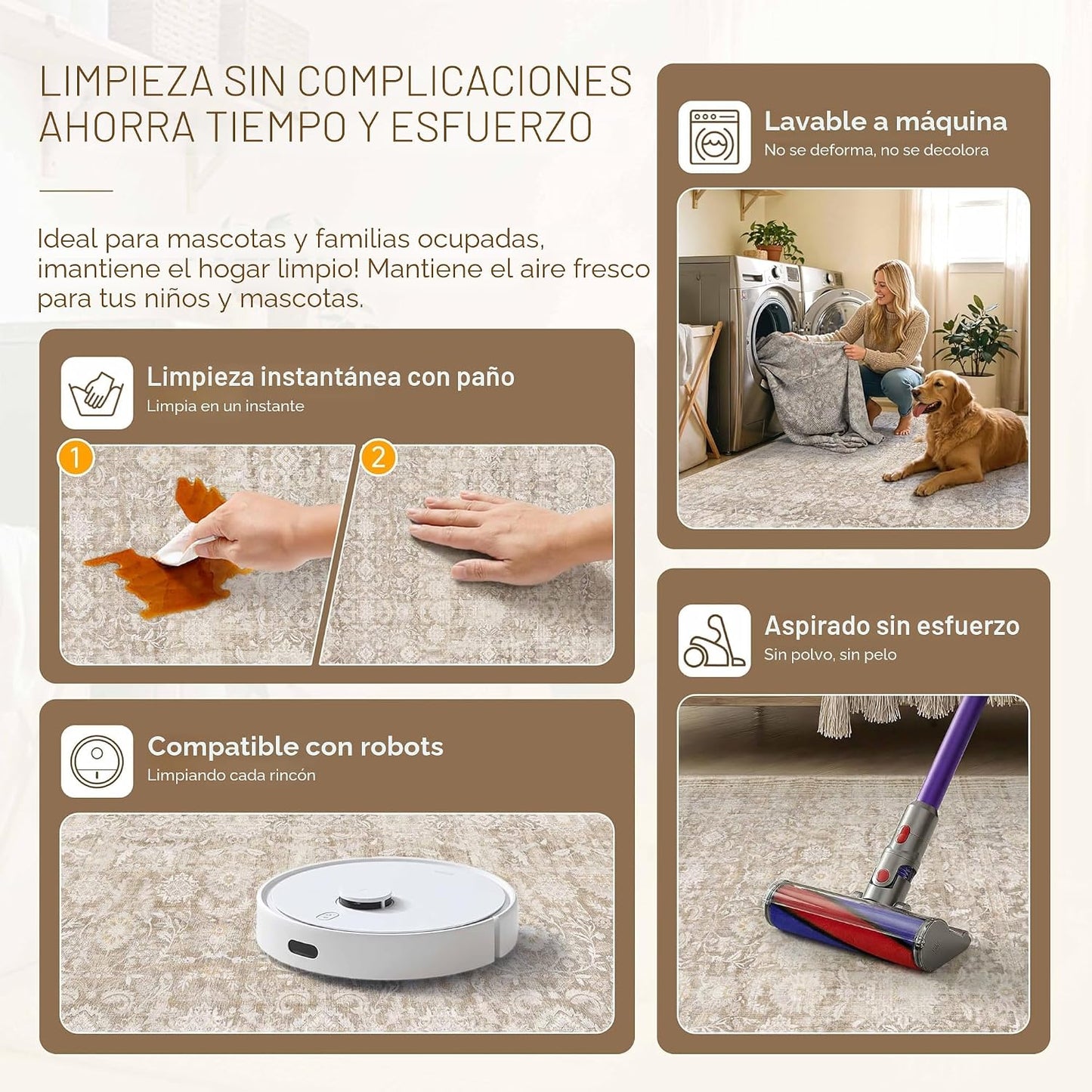 WondRg 8 x 10 Beige Lavable Alfombra Neutra para Área de la Sala de...