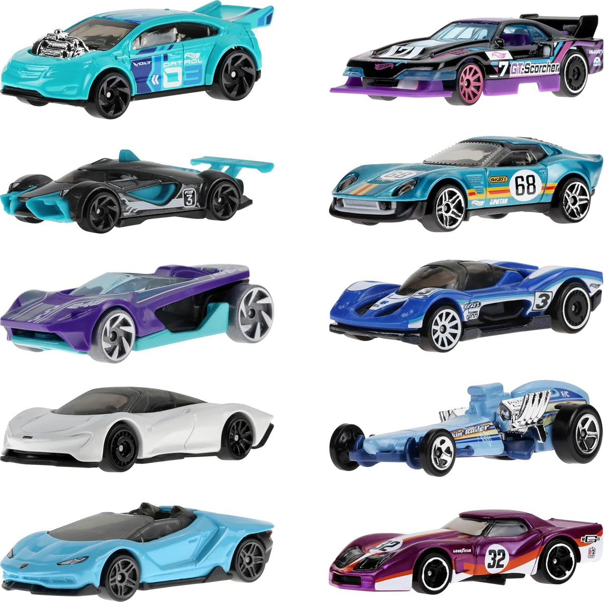 Hot Wheels Paquete de 10 autos de carreras de juguete (los estilos...