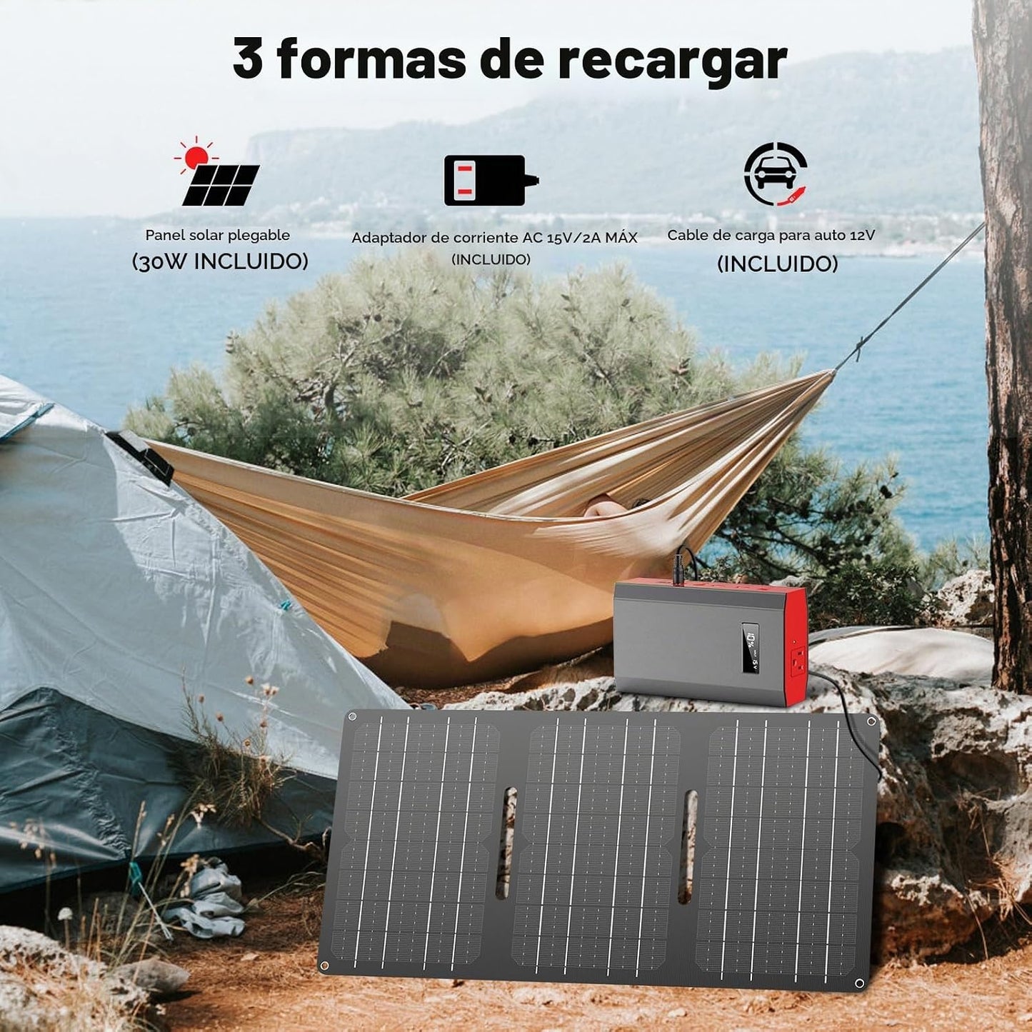 Banco de energía solar portátil con salida de CA 65 W 110 V, baterí...