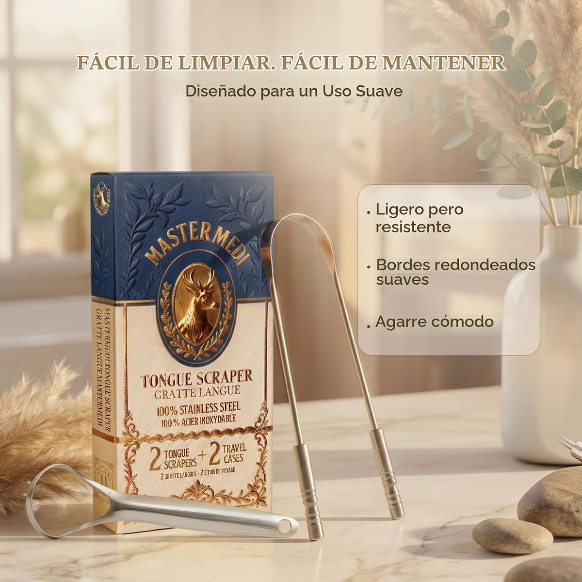 MasterMedi - Raspador de lengua para adultos de 100% acero inoxidab...