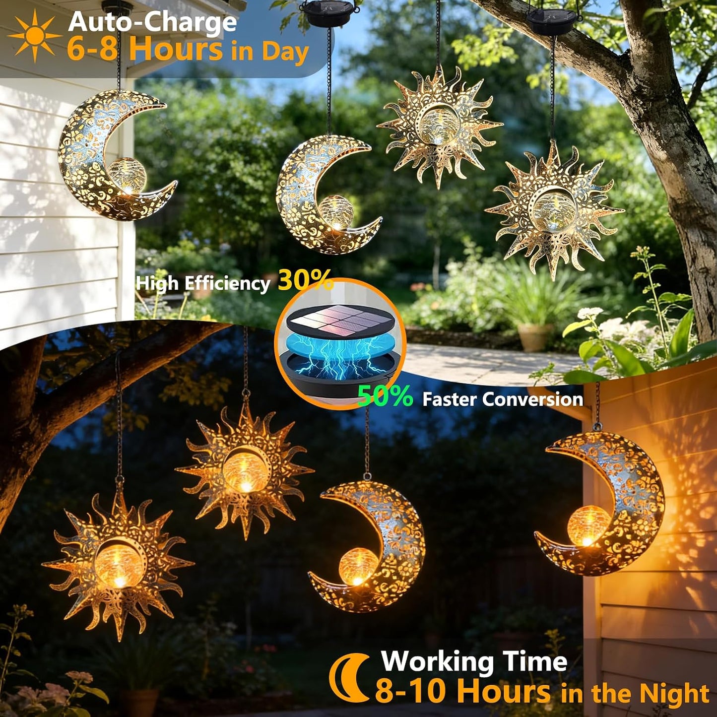 QCF Luces solares colgantes de sol y luna para decoración exterior...